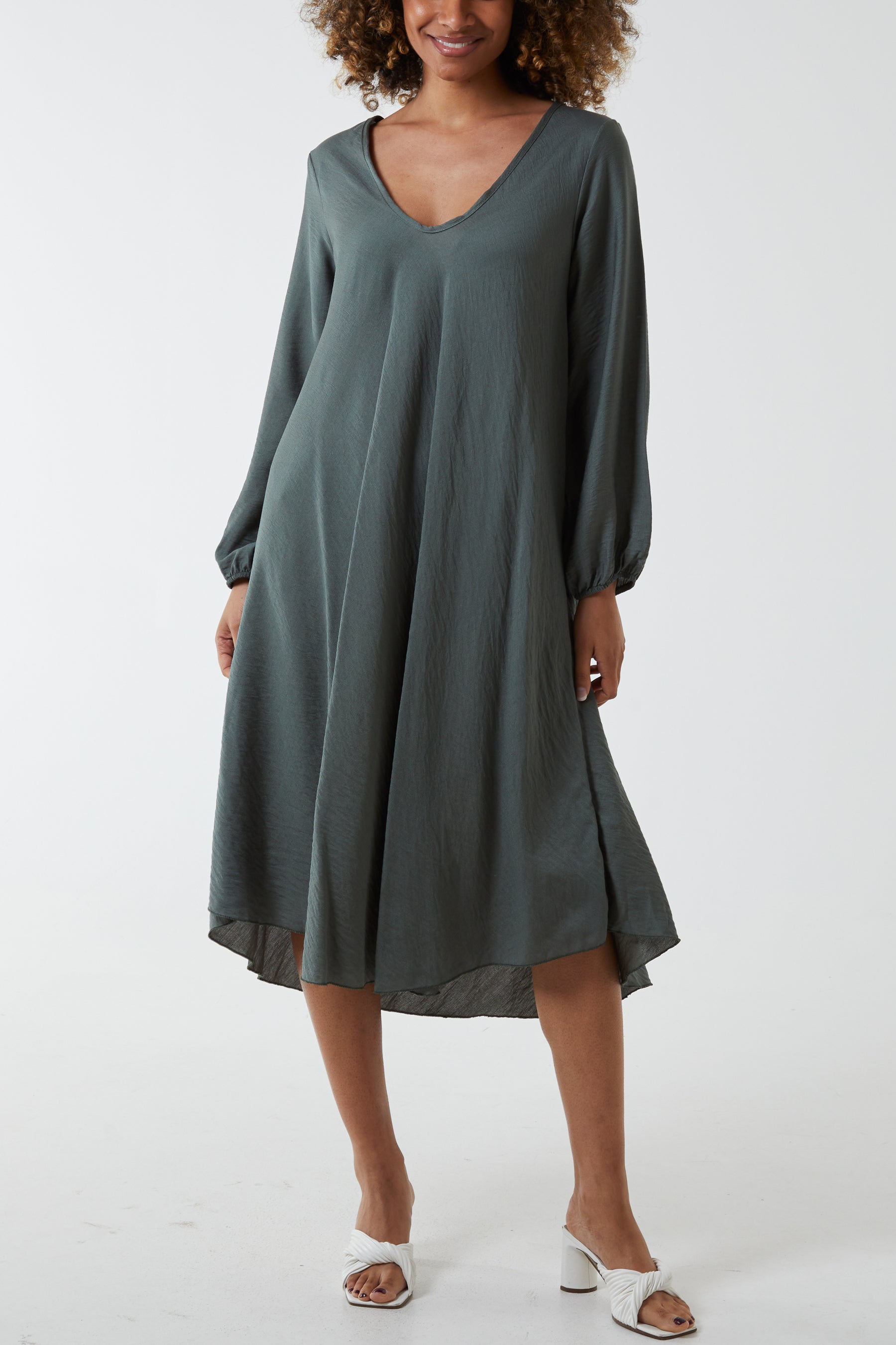 V-Neck A-Line Midi Dress