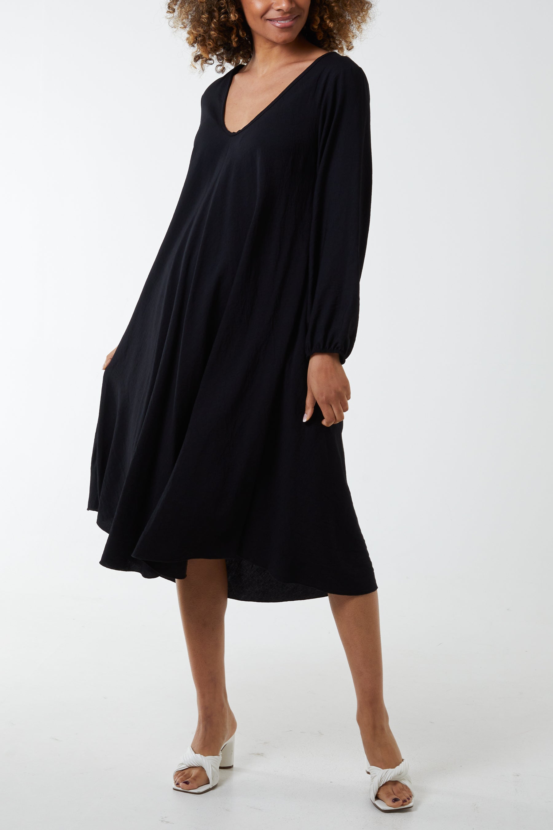 V-Neck A-Line Midi Dress