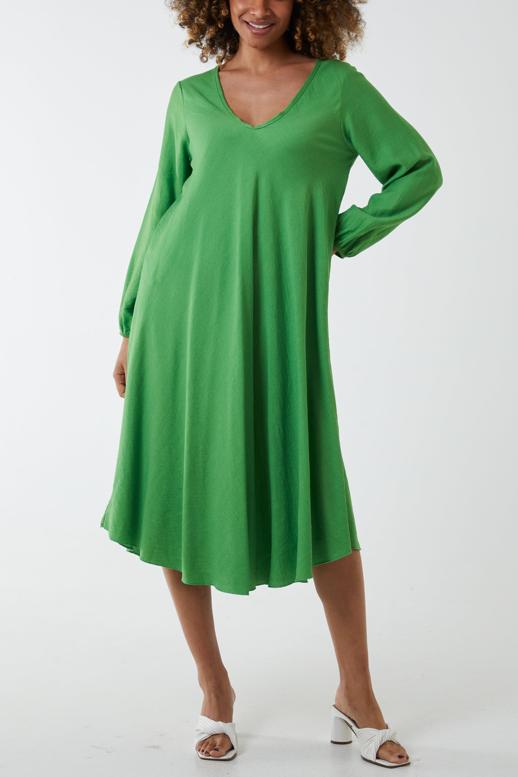 V-Neck A-Line Midi Dress