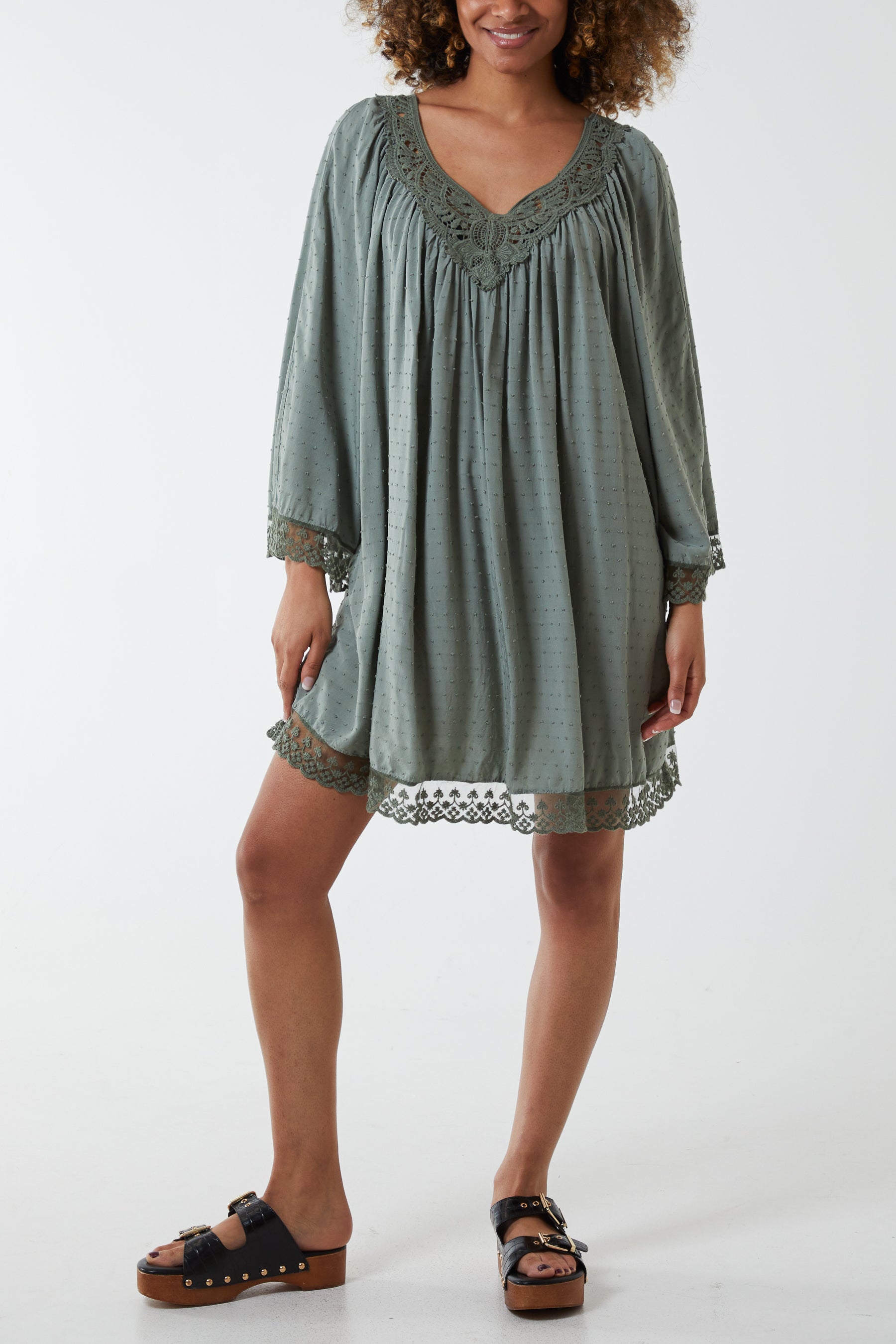 Dobby Fabric Lace Trimmed Dress