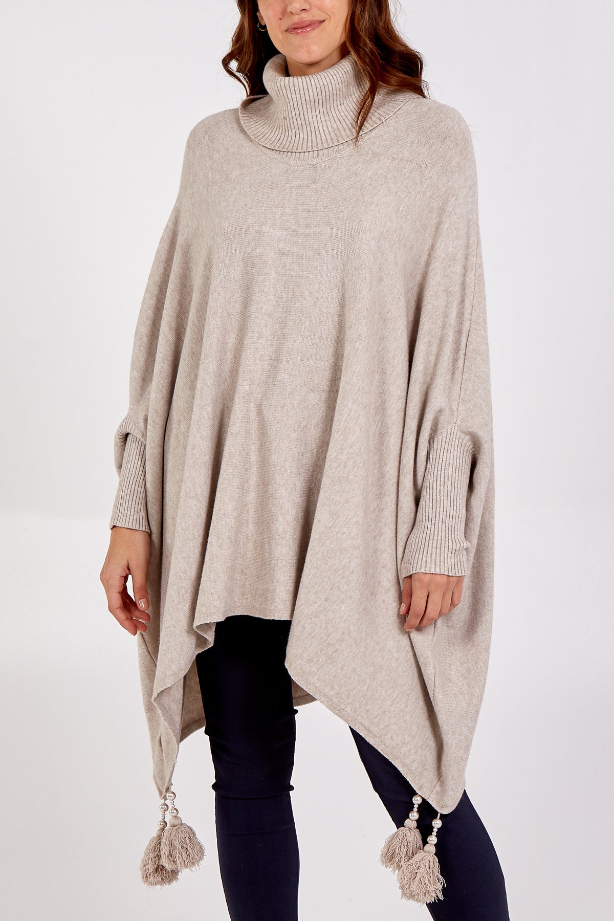 Roll Neck Tassel Poncho Style Jumper