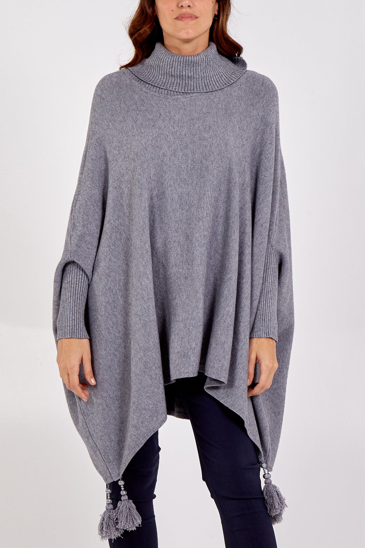 Roll Neck Tassel Poncho Style Jumper
