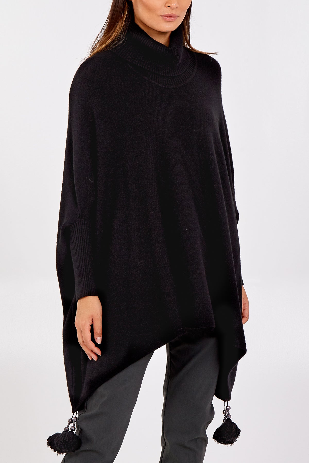 Roll Neck Tassel Poncho Style Jumper