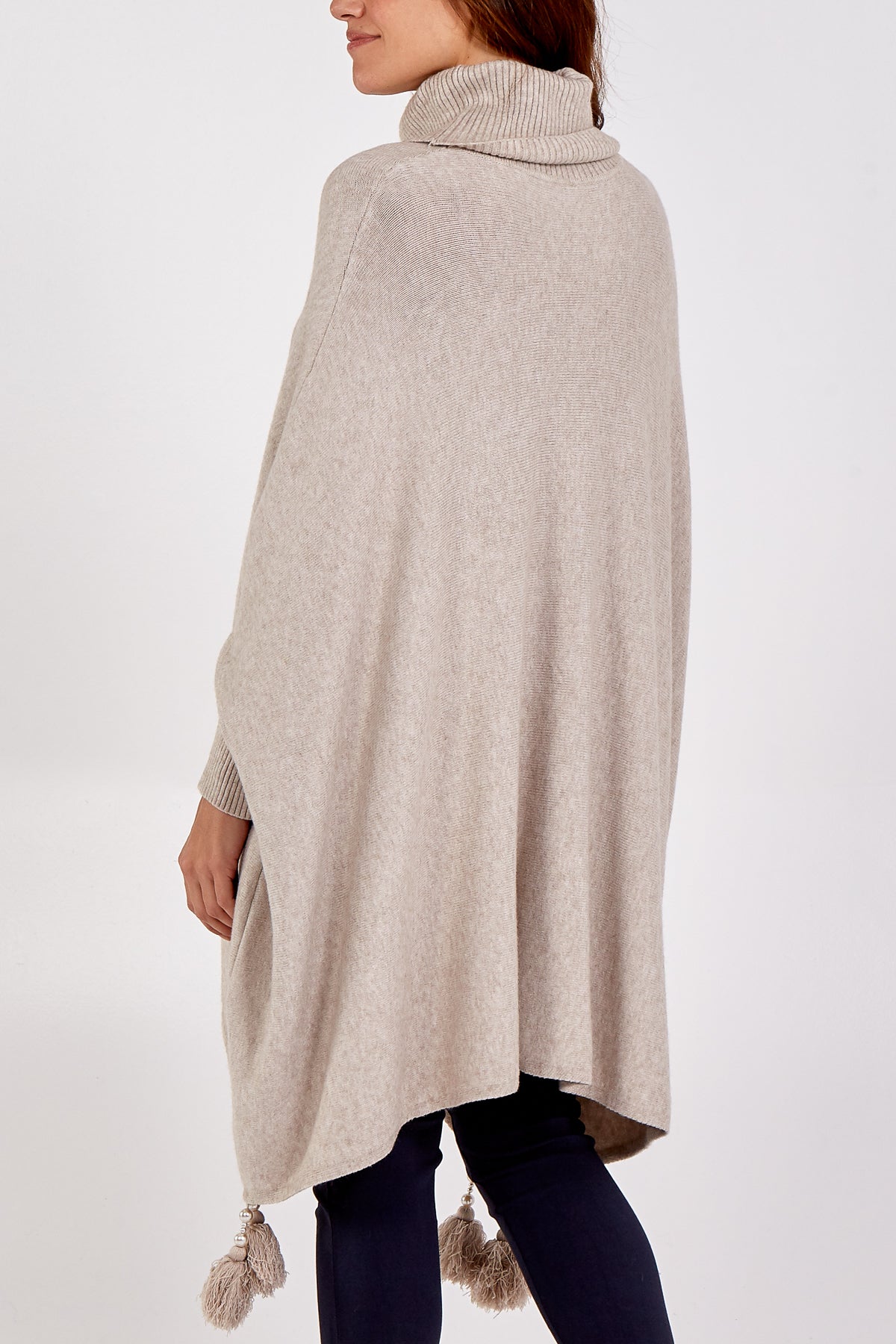 Roll Neck Tassel Poncho Style Jumper