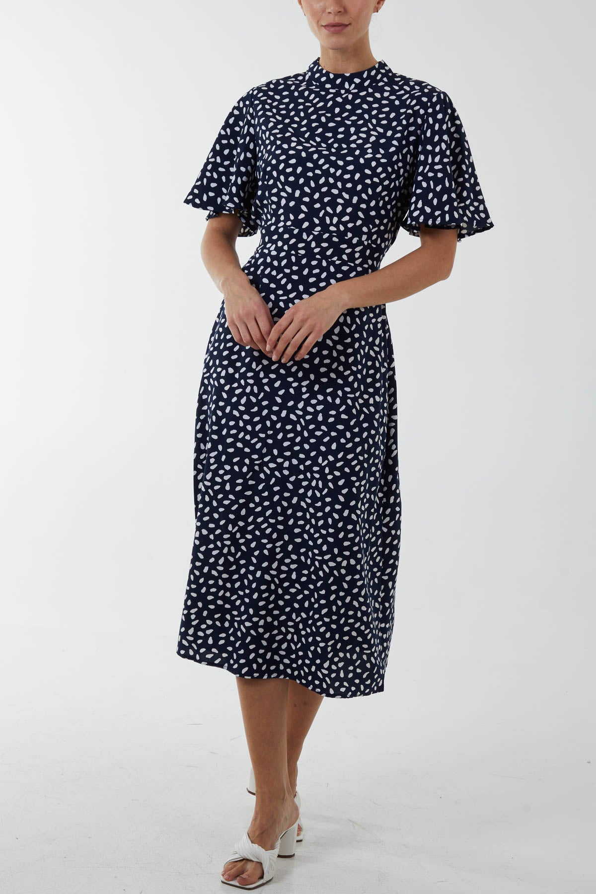 Abstract Spot High Neck Angel Sleeve Midi Dress