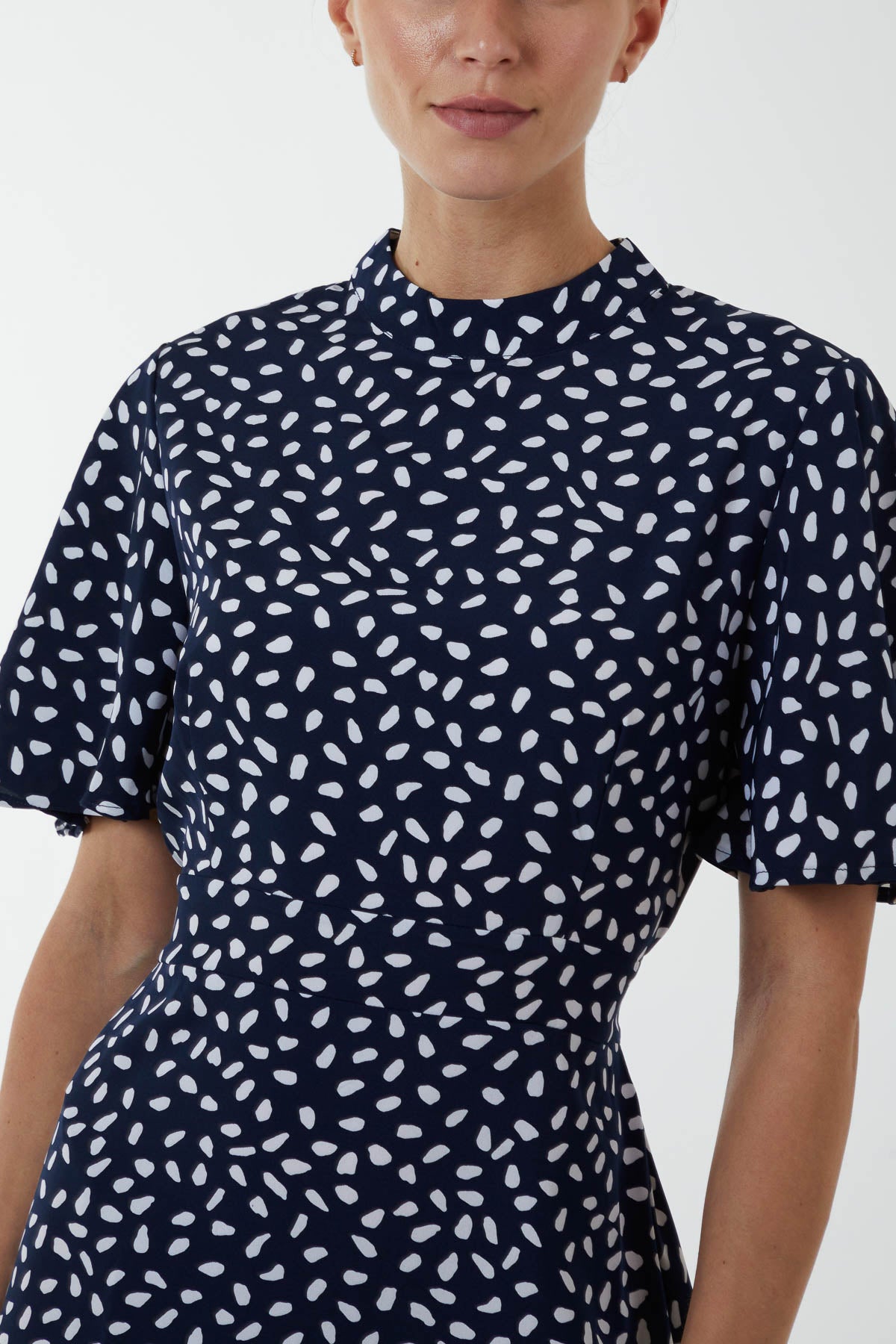 Abstract Spot High Neck Angel Sleeve Midi Dress