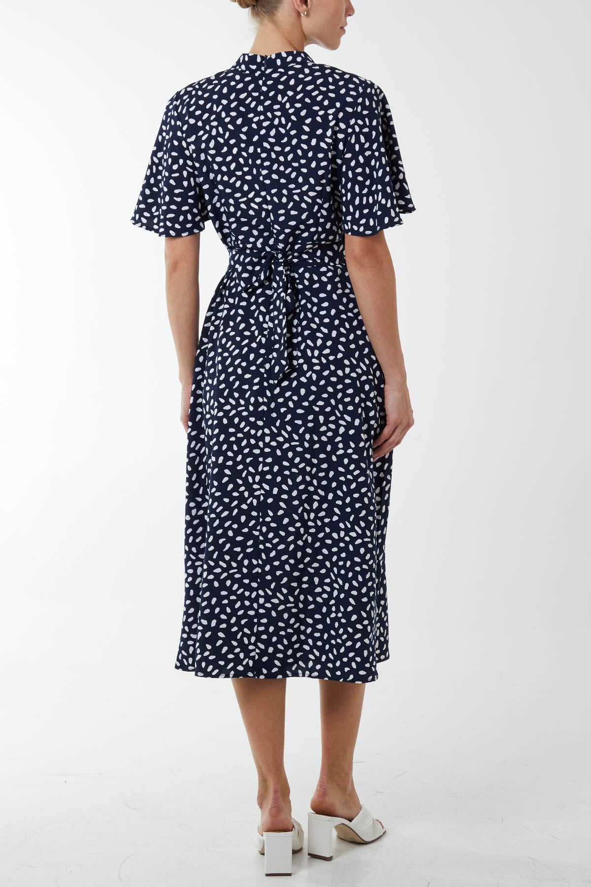 Abstract Spot High Neck Angel Sleeve Midi Dress