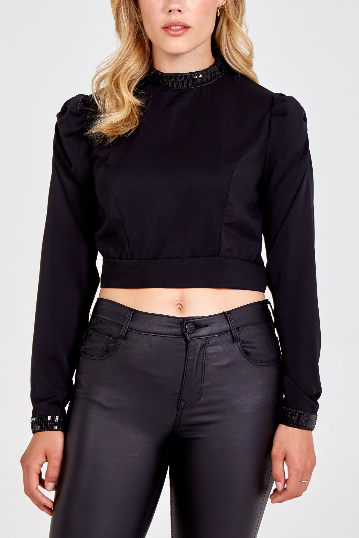 Sequin Trim Long Sleeve Crop Top