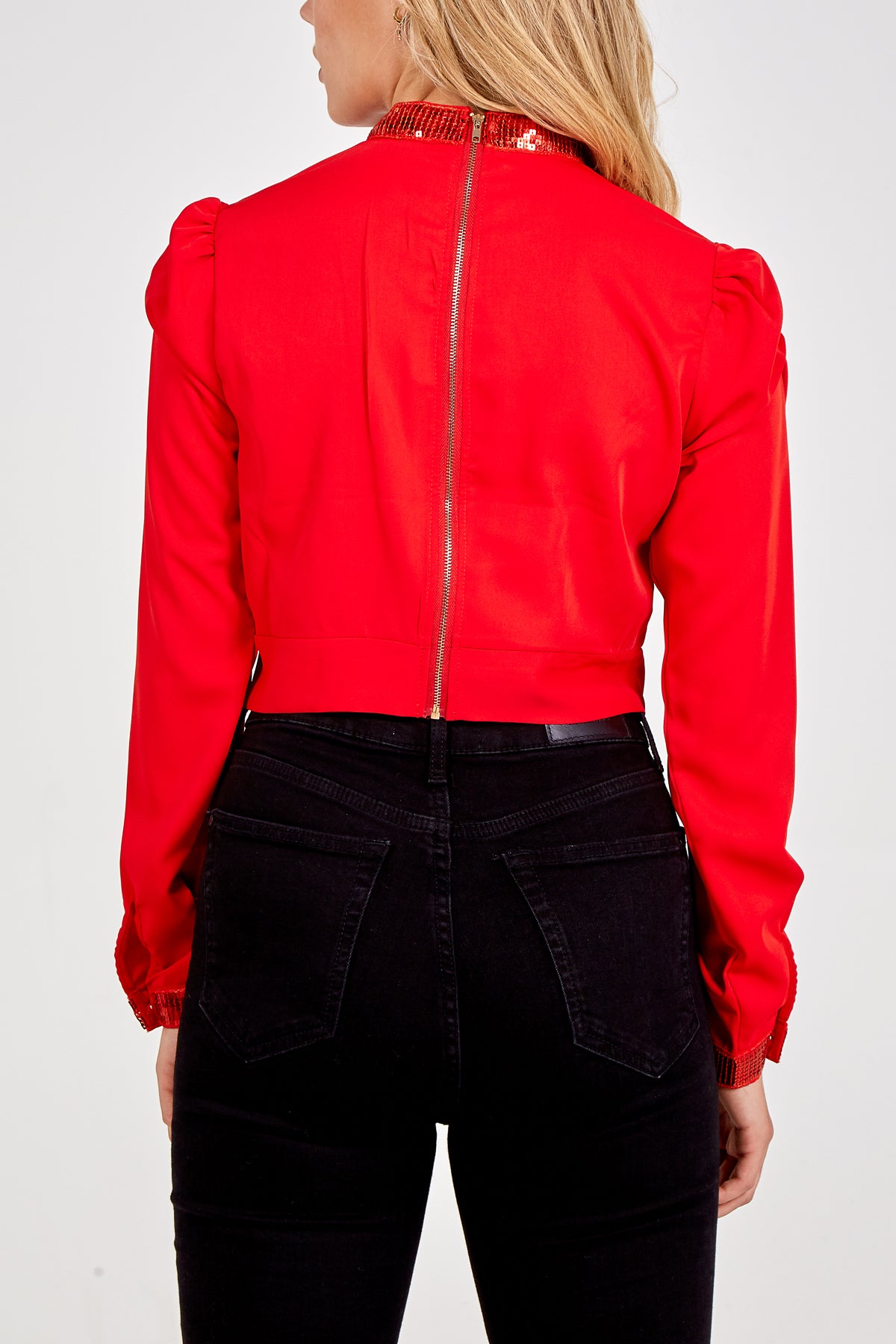 Sequin Trim Long Sleeve Crop Top