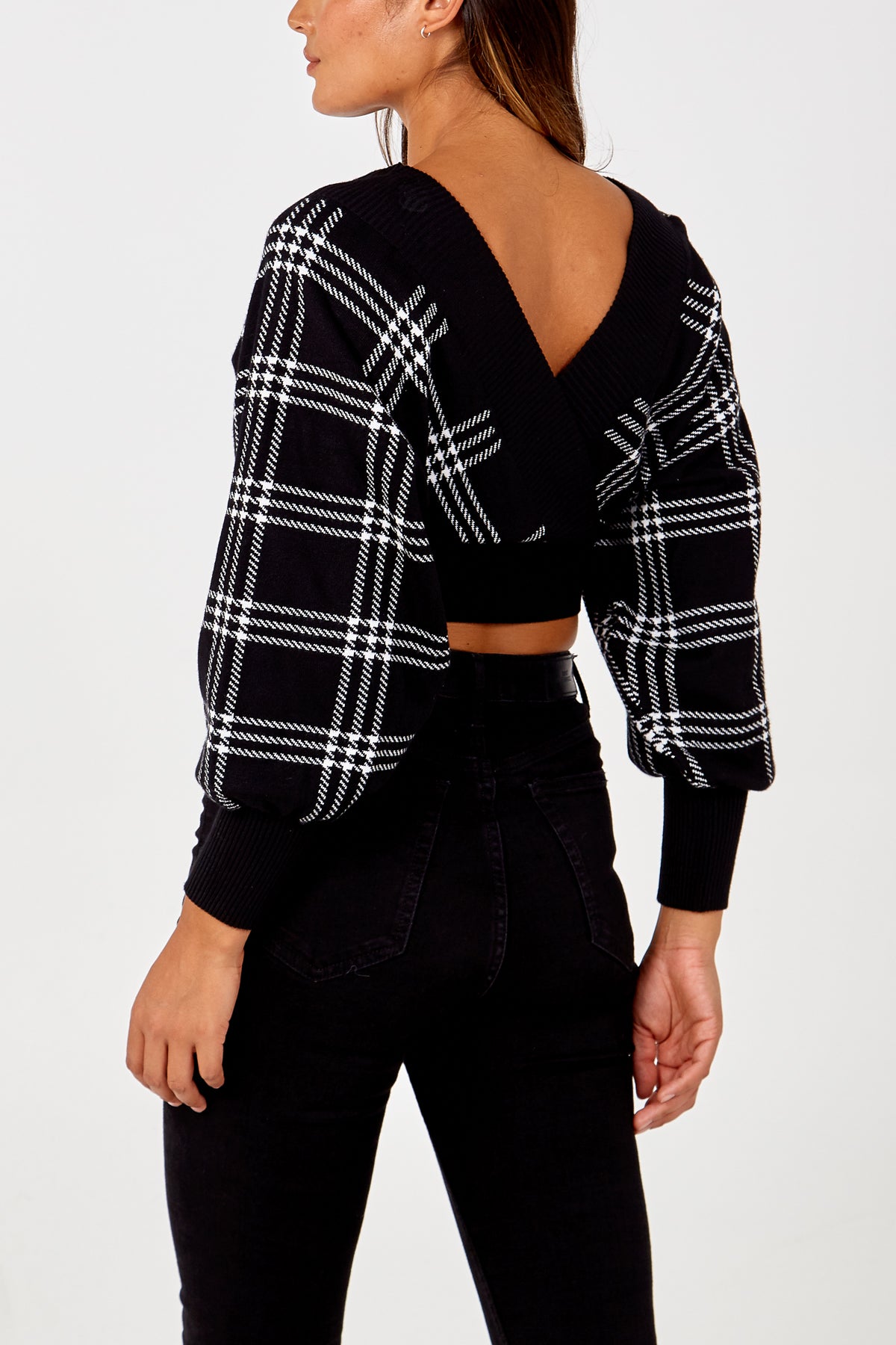 Checked Batwing Cropped Jumper