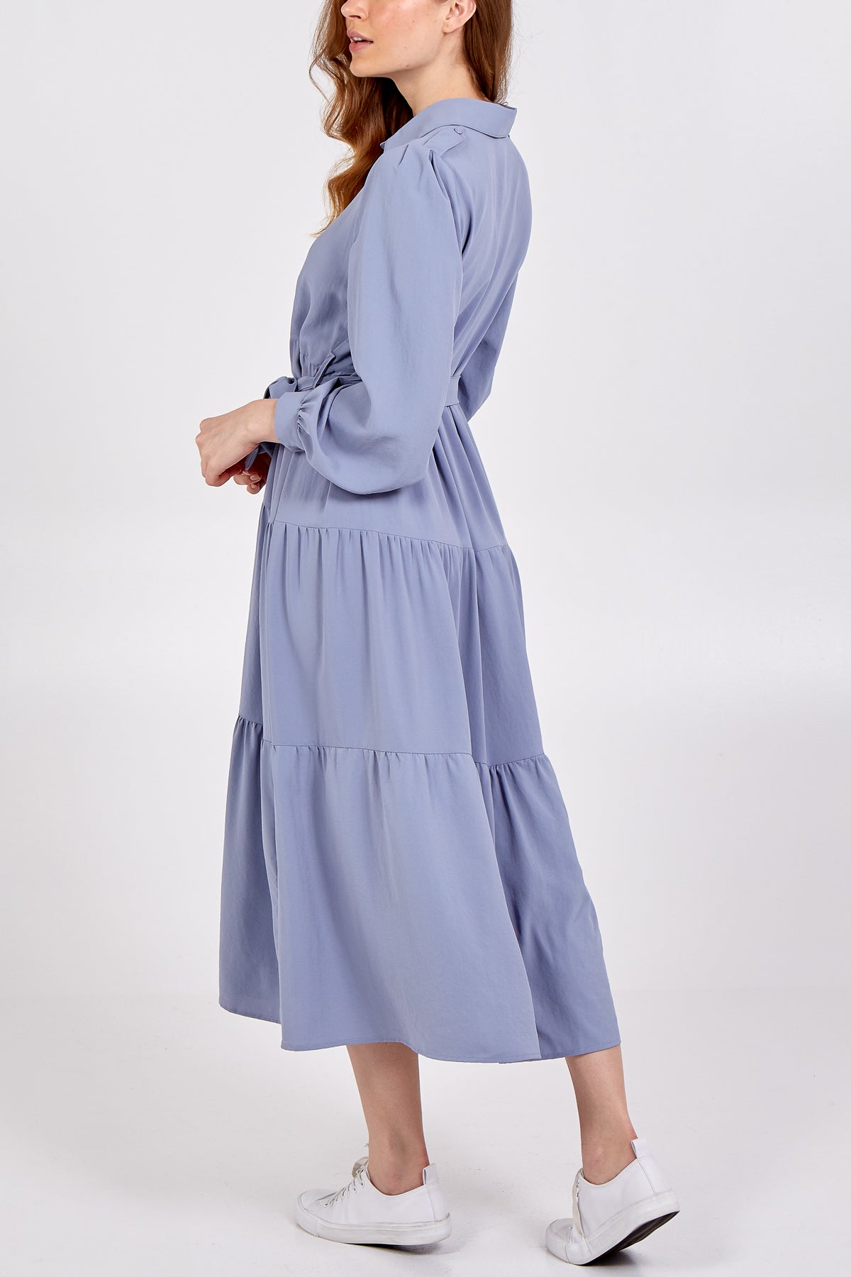 Long Tiered Collar Dress With Belt