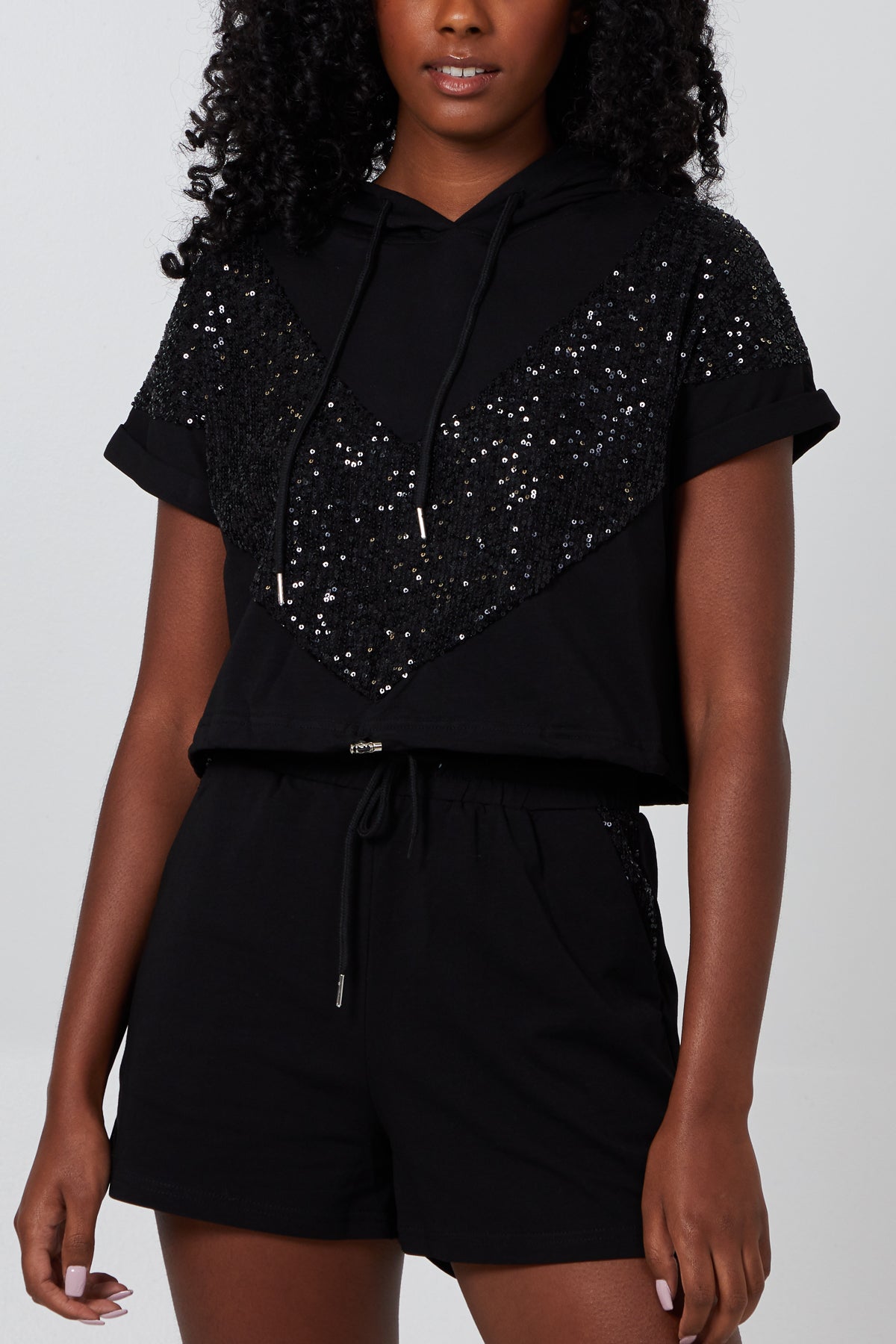 Short Sleeve Hoodie & Sequin Detail Shorts