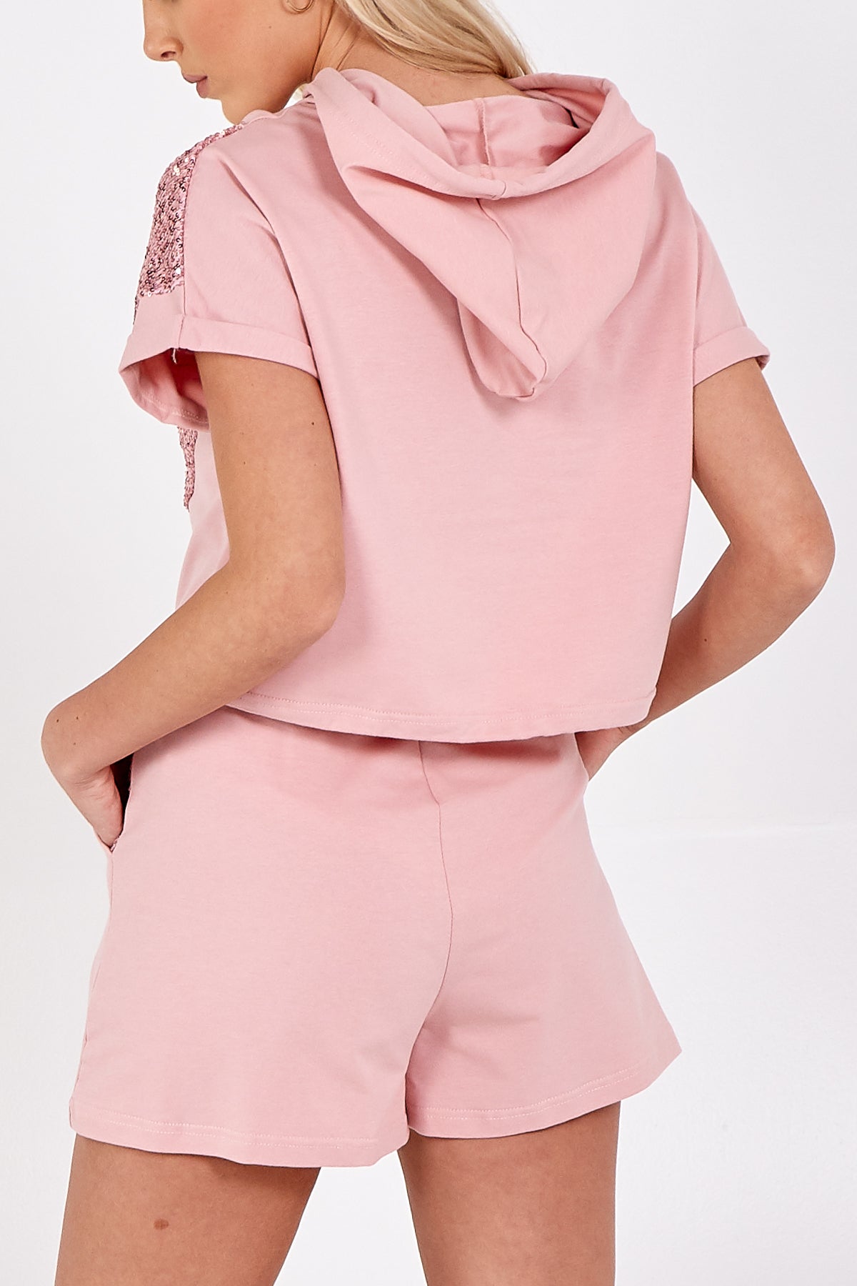 Short Sleeve Hoodie & Sequin Detail Shorts