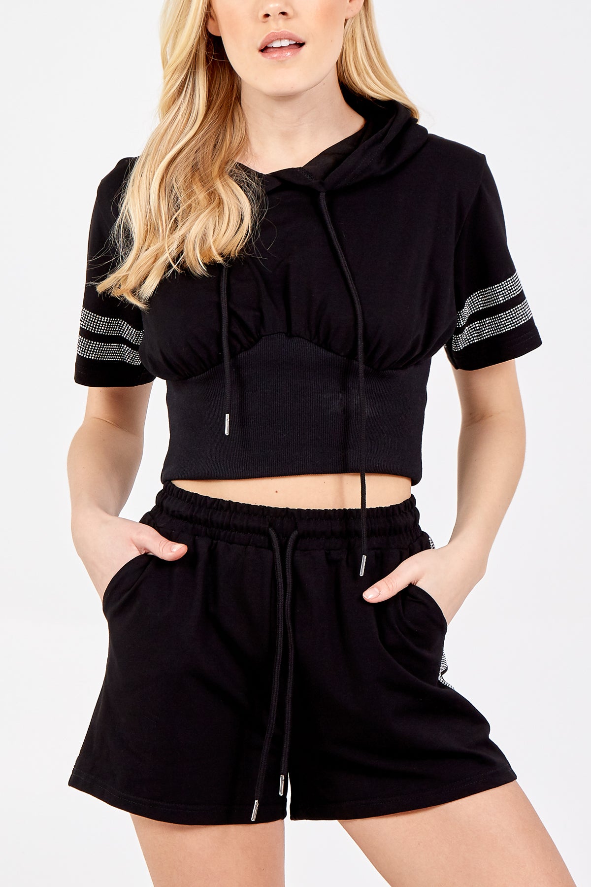 Crop Hoodie & Diamante Detail Shorts