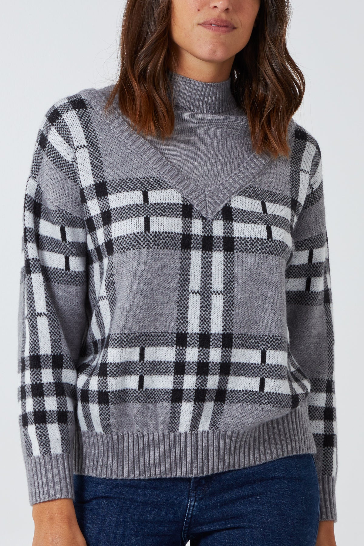V Neck Checked Jumper w/ Roll Neck - Main Image