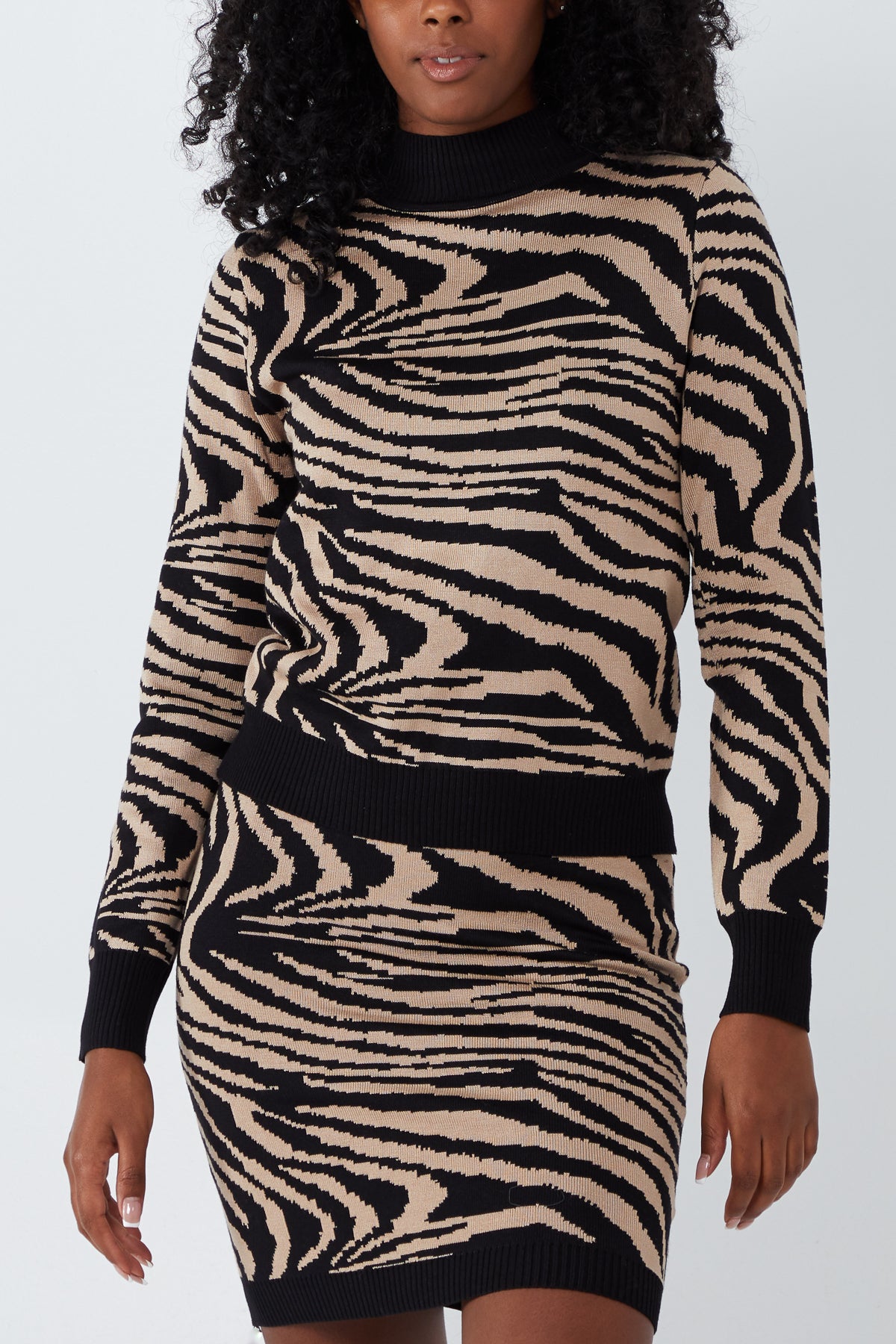 High Neck Zebra Knitted Top & Skirt Set