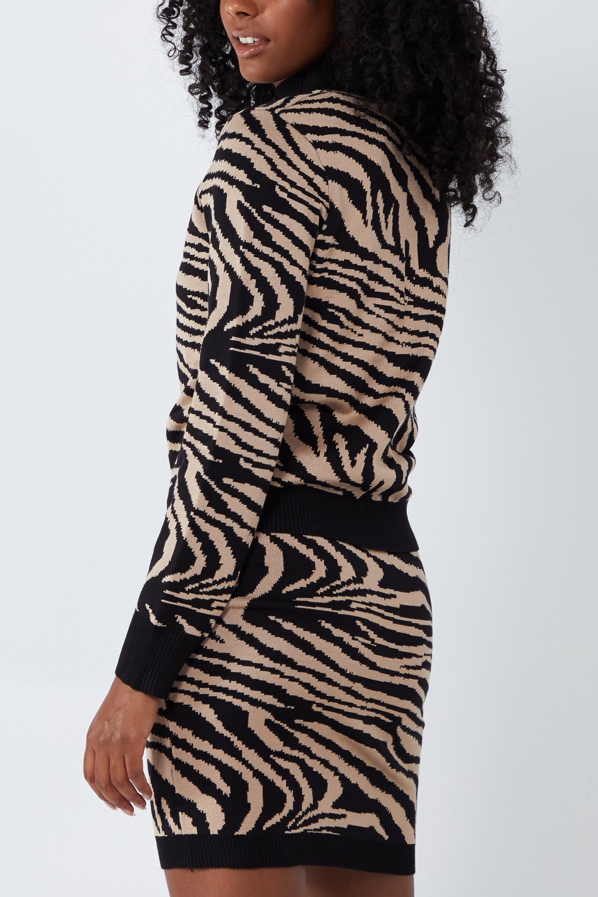 High Neck Zebra Knitted Top & Skirt Set