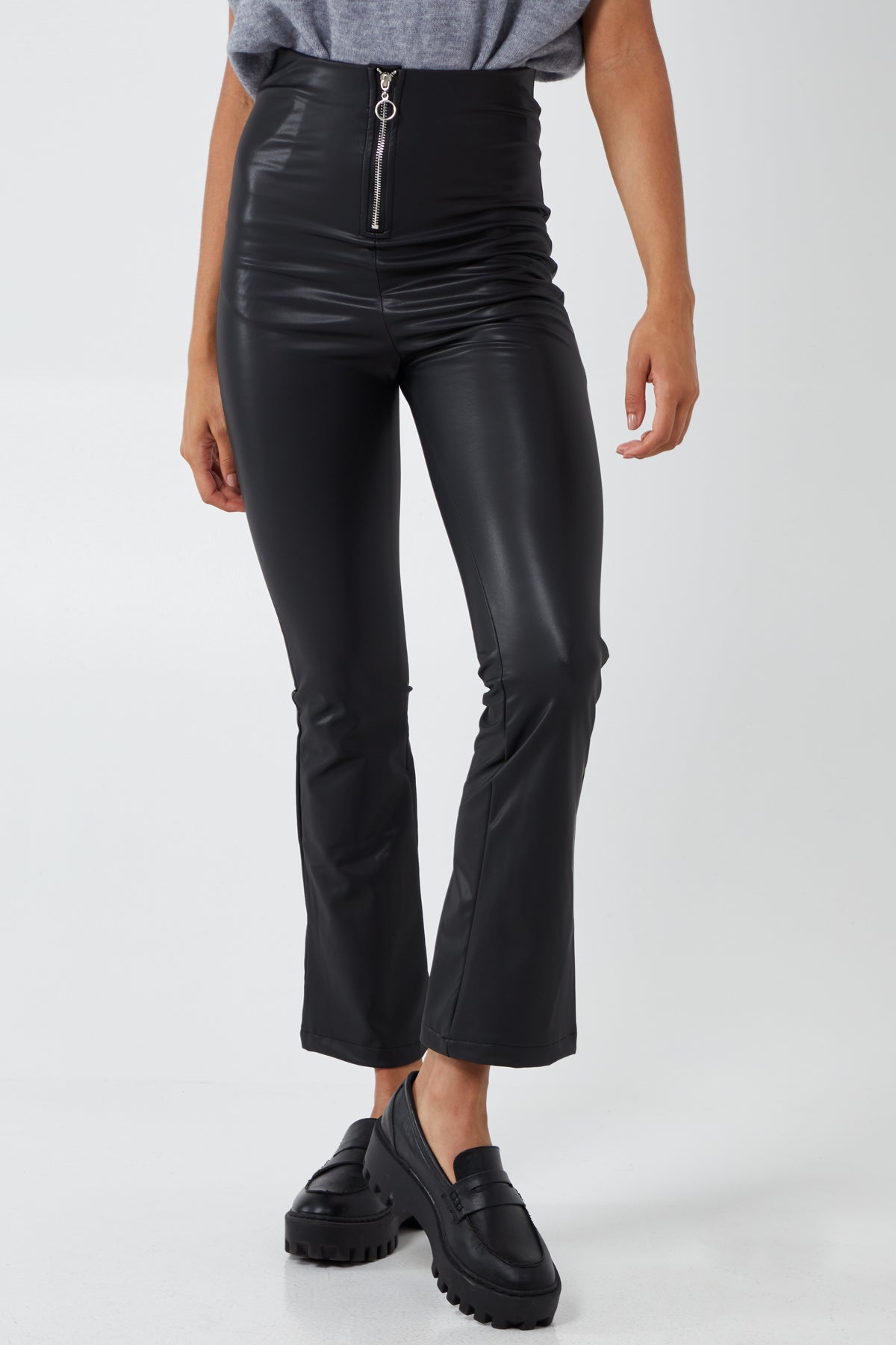 Shiny Stretchy Flare Trousers With Zip
