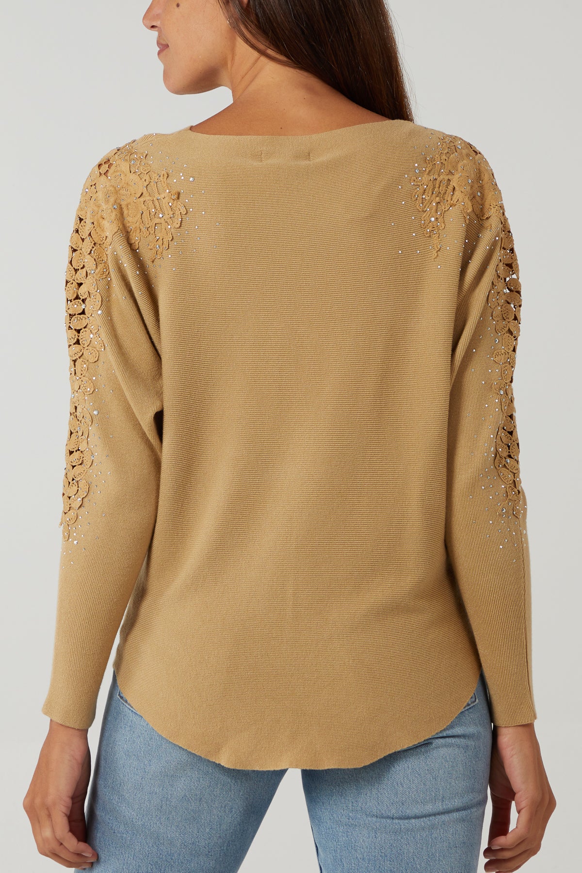 Diamante Flower Lace Ribbed Jumper