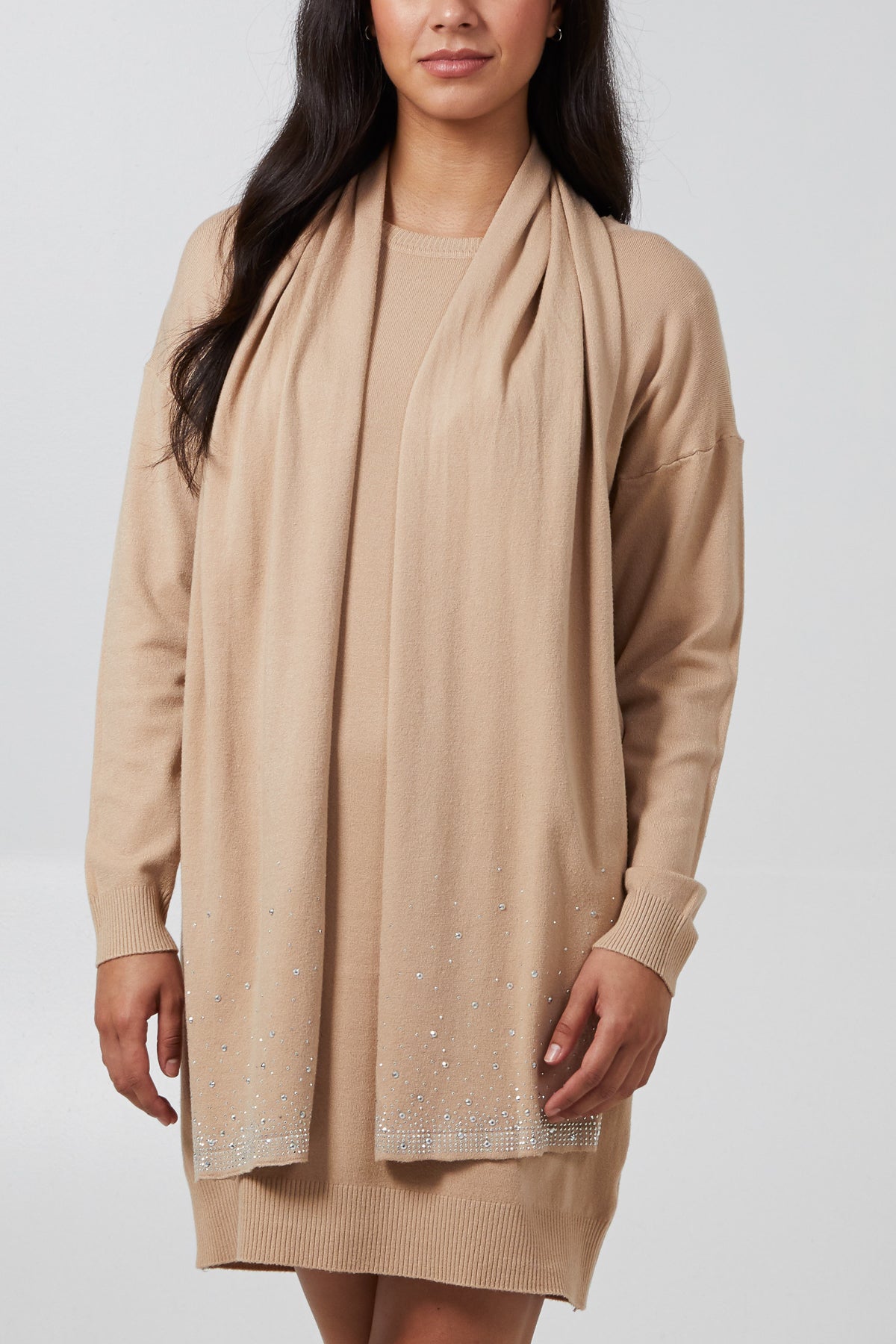 Long Crewneck Dress With Diamante Scarf