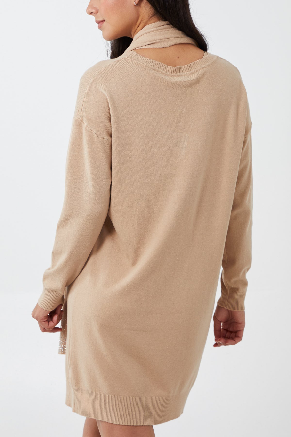 Long Crewneck Dress With Diamante Scarf