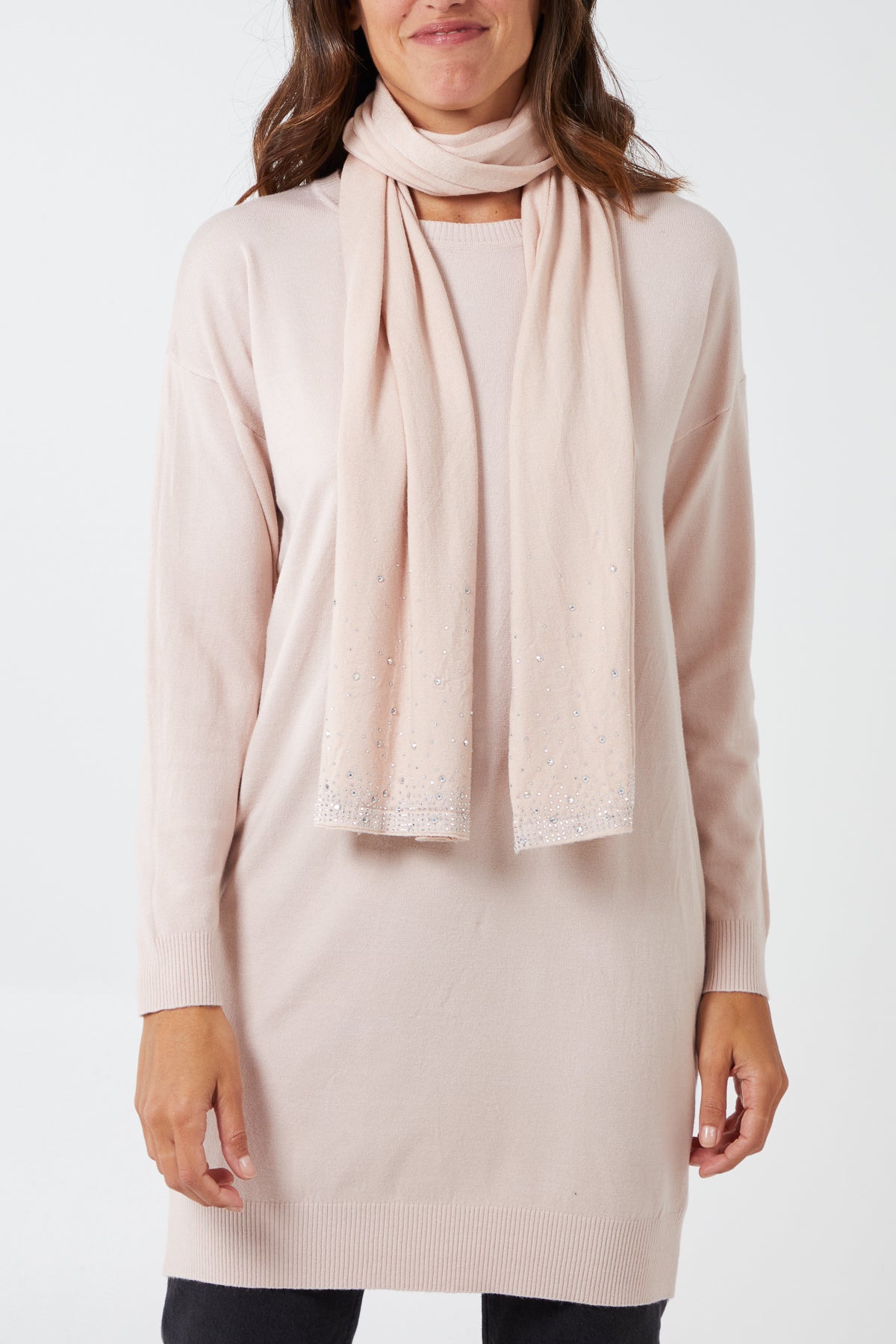 Long Crewneck Dress With Diamante Scarf