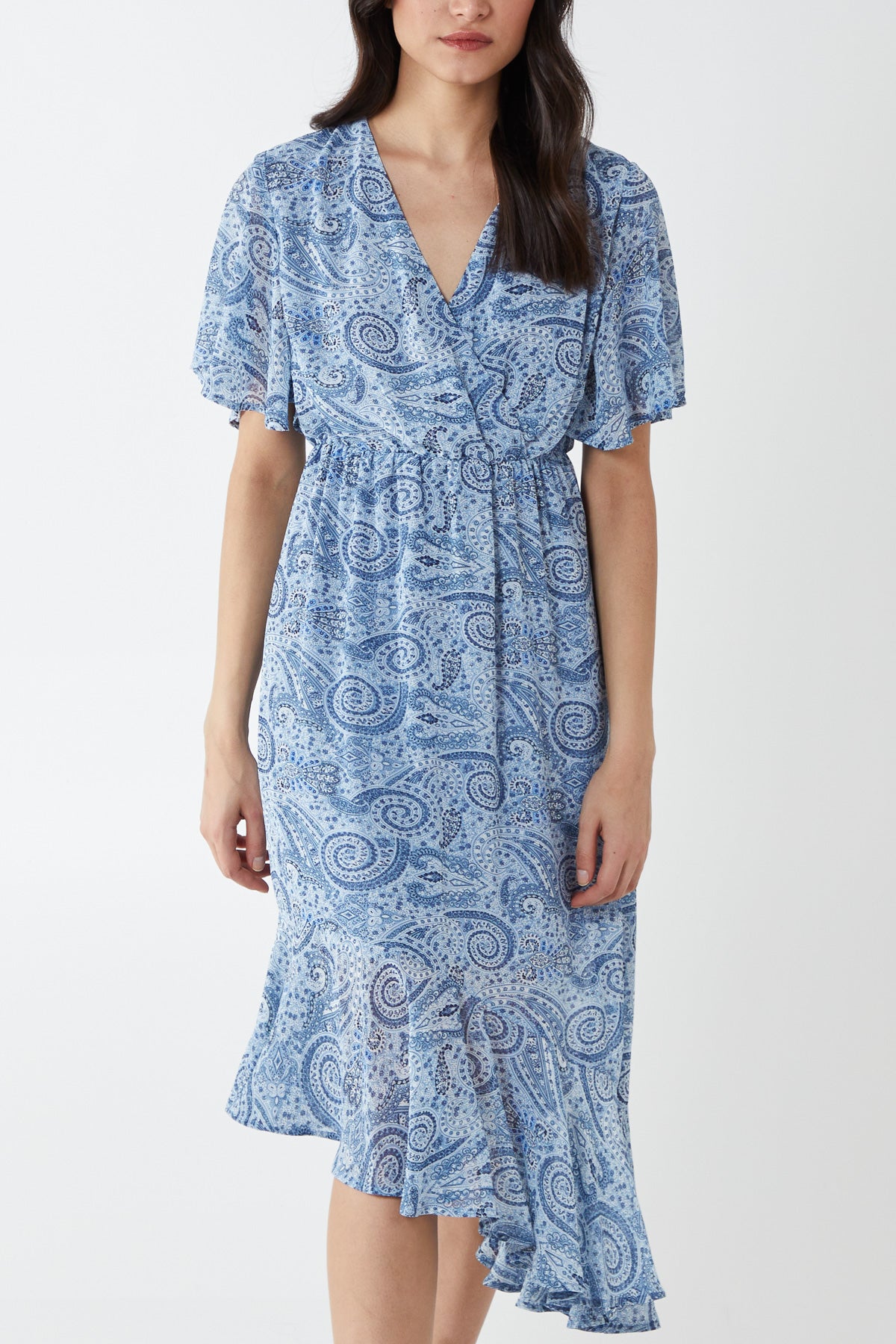 Wrap Front Asymmetric Hem Paisley Print Midi Dress