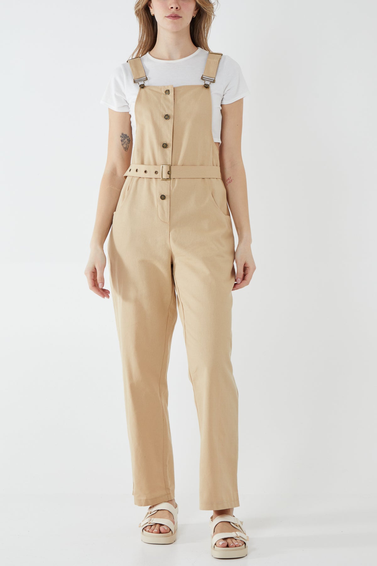 Button Front Two Pocket Belted Dungarees