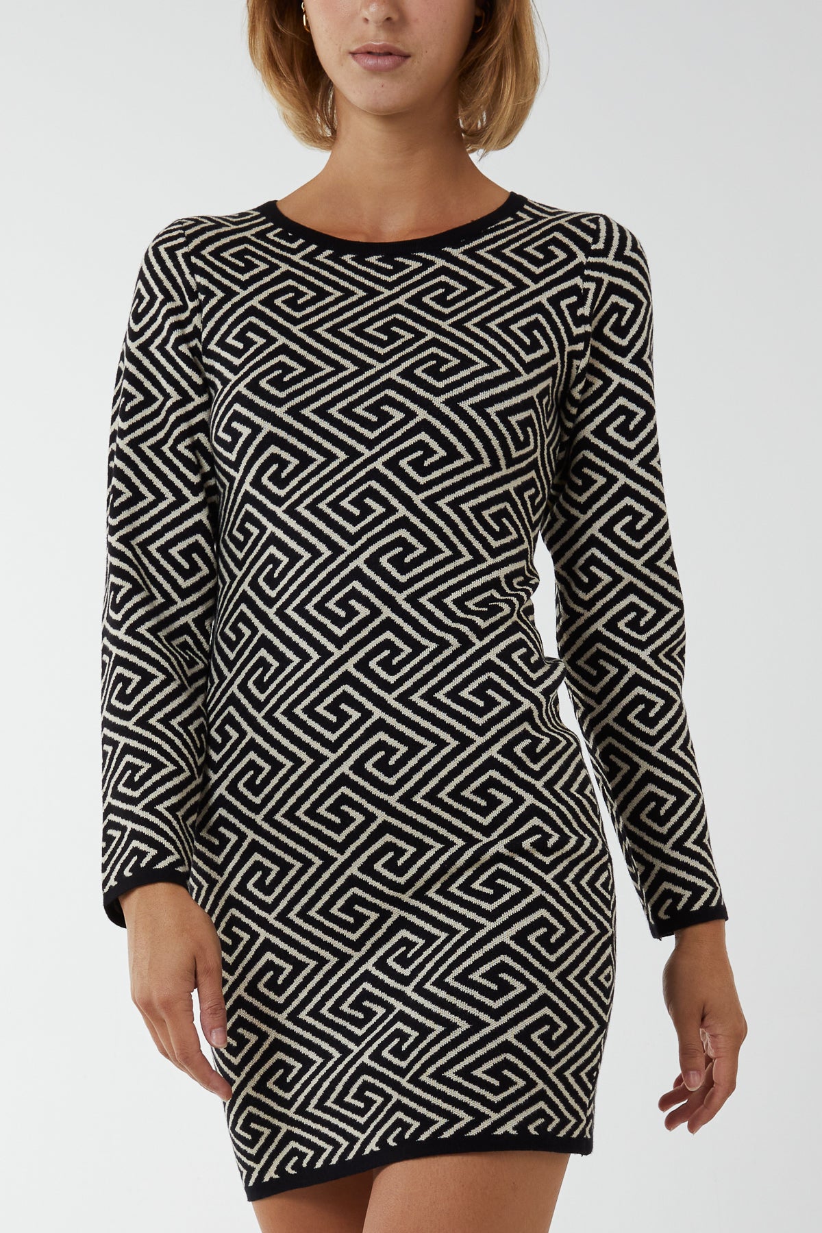 Geometric Print Crew Neck Bodycon Dress