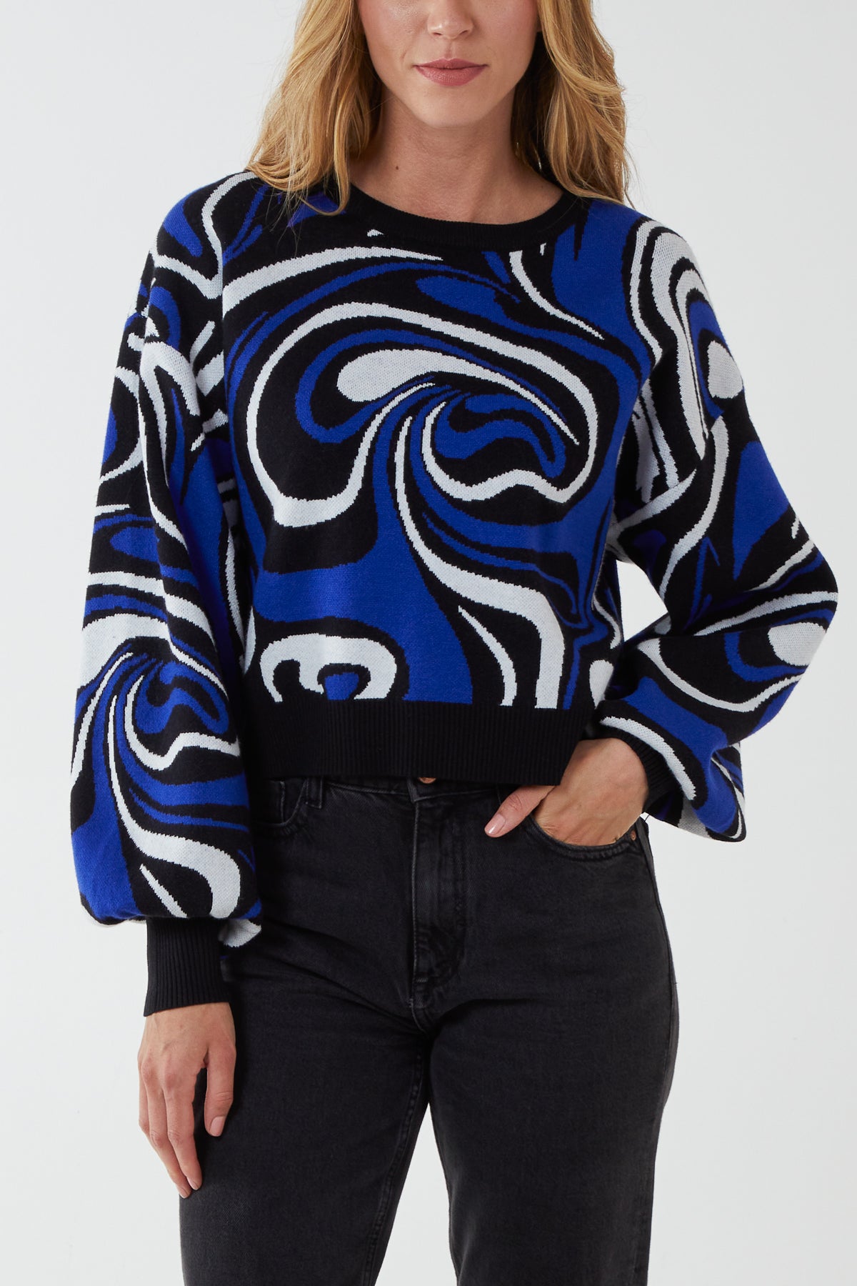 Marble Pattern Jacquard Balloon Sleeve Jumper