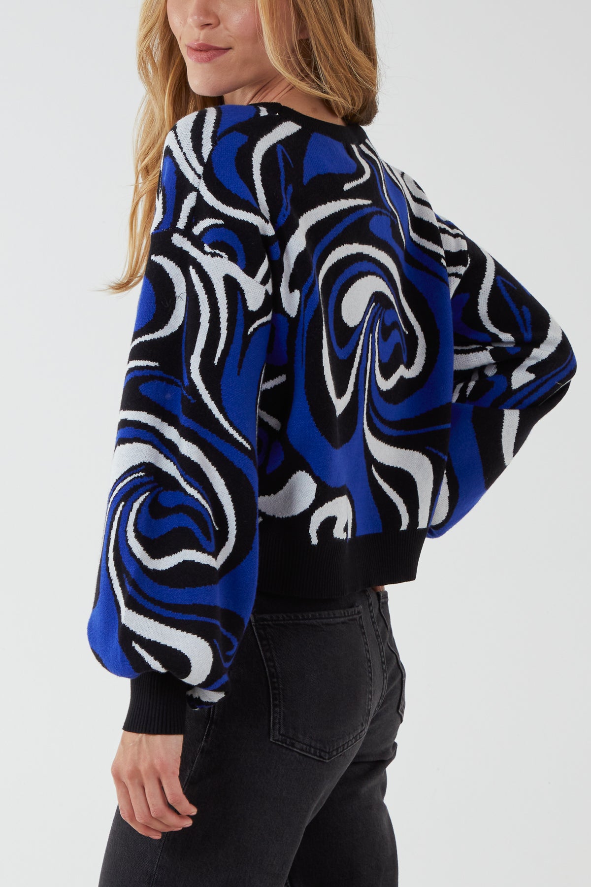 Marble Pattern Jacquard Balloon Sleeve Jumper