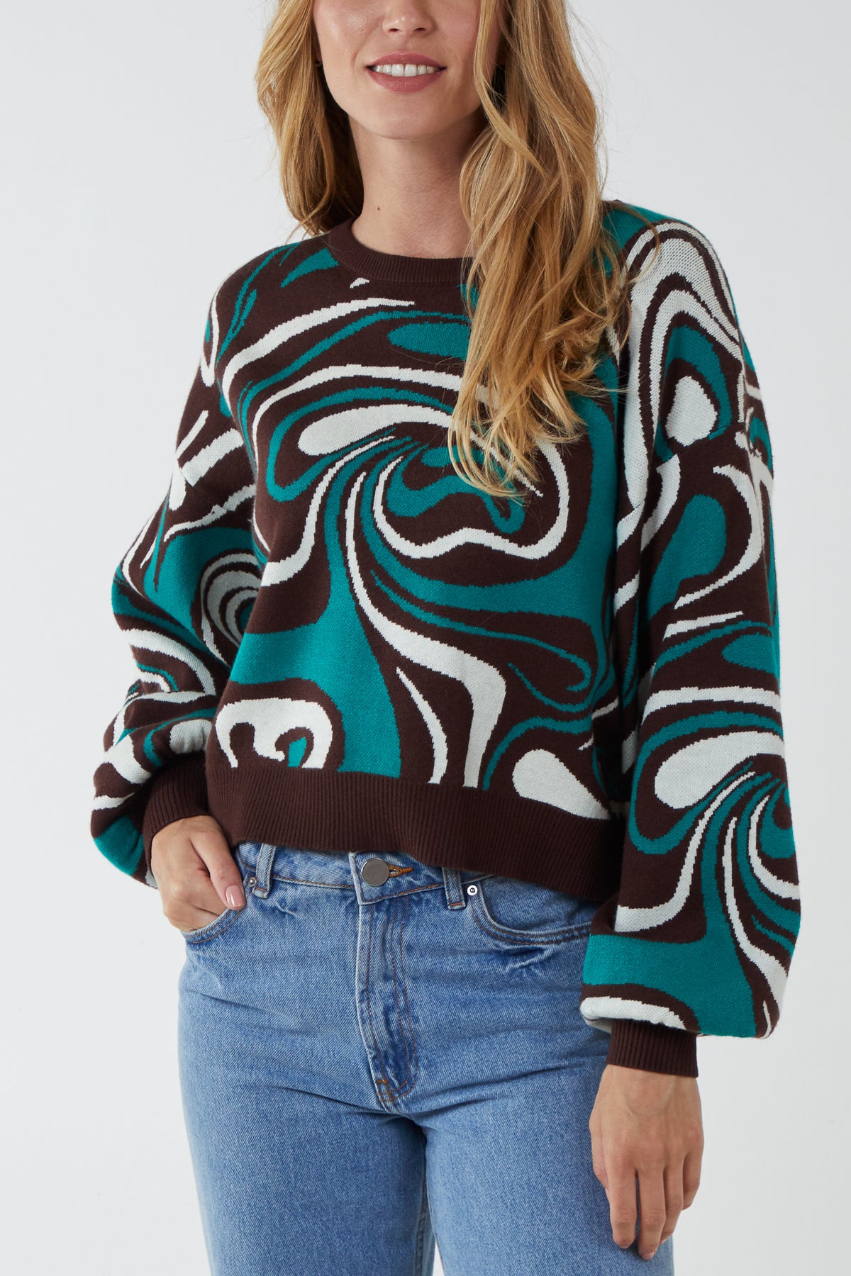 Marble Pattern Jacquard Balloon Sleeve Jumper