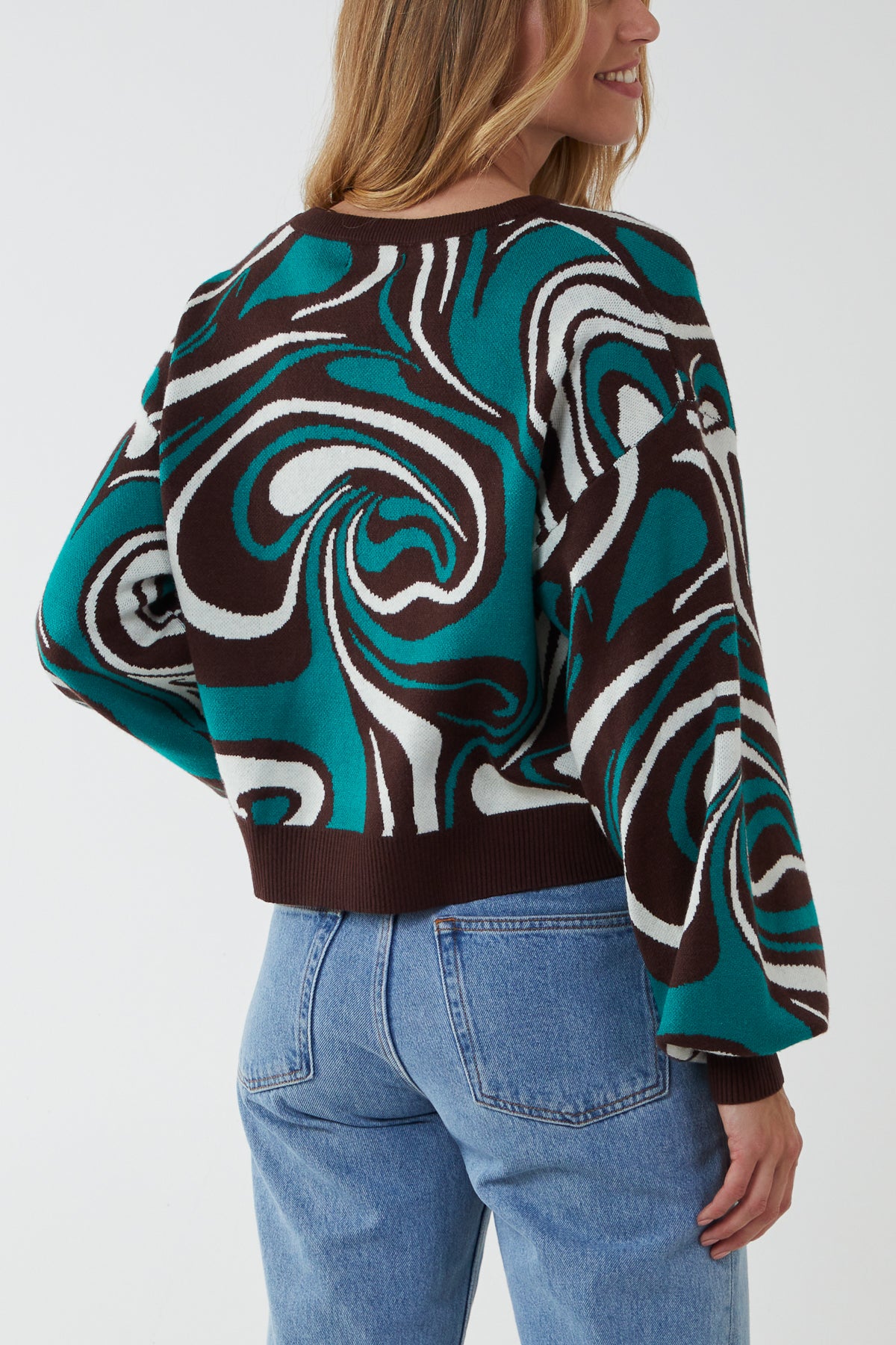 Marble Pattern Jacquard Balloon Sleeve Jumper
