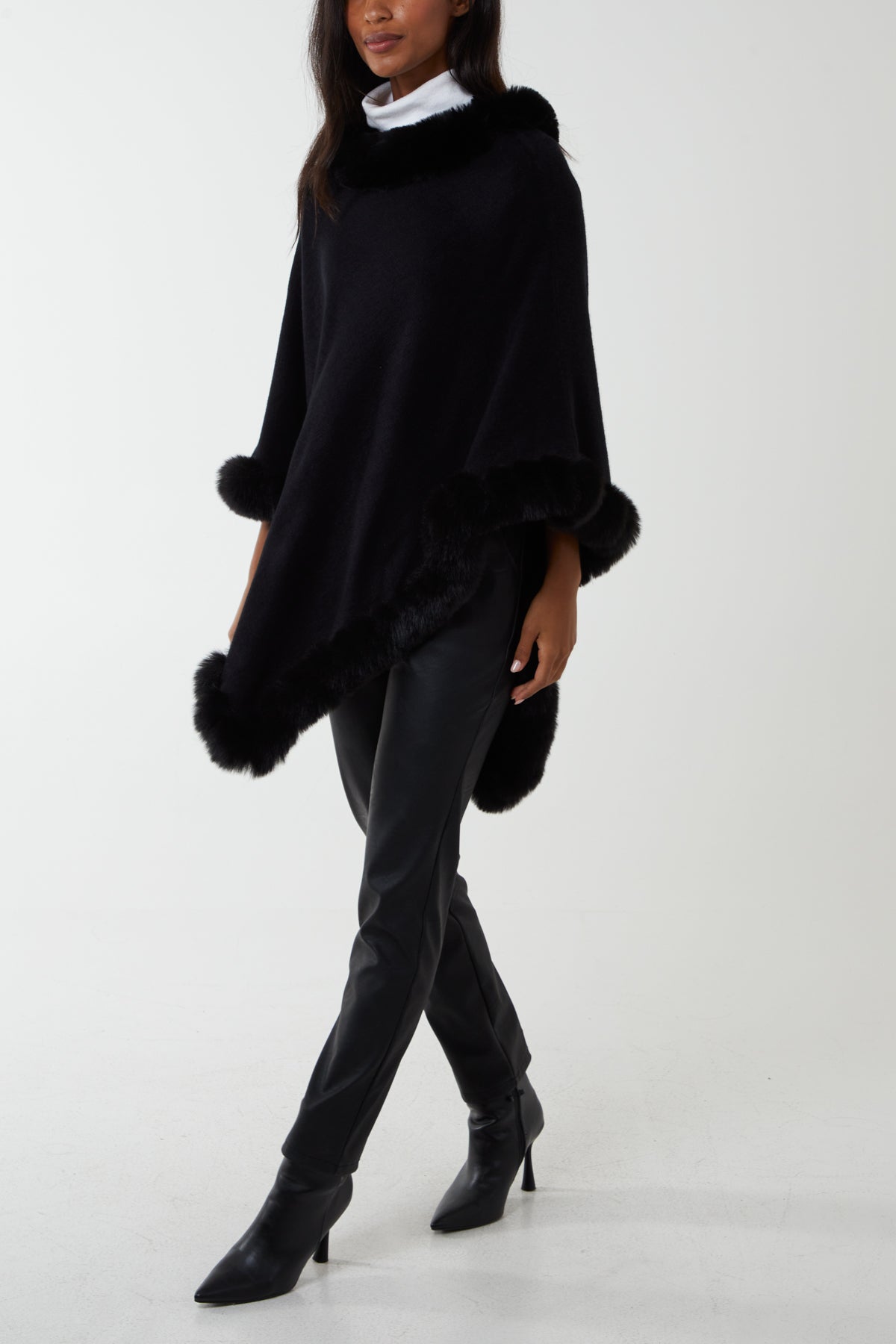 Faux Fur Lined Trim Poncho