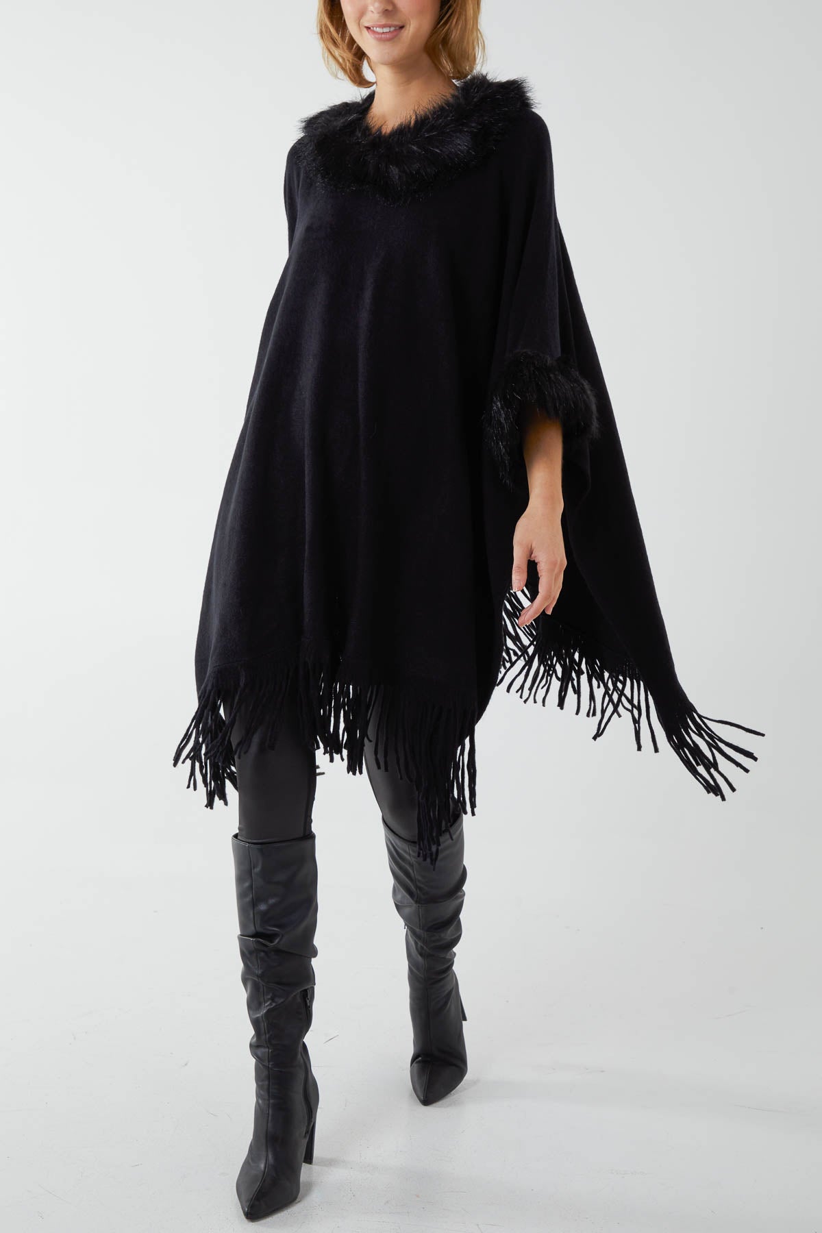 Faux Fur Lined Tassel Hem Poncho