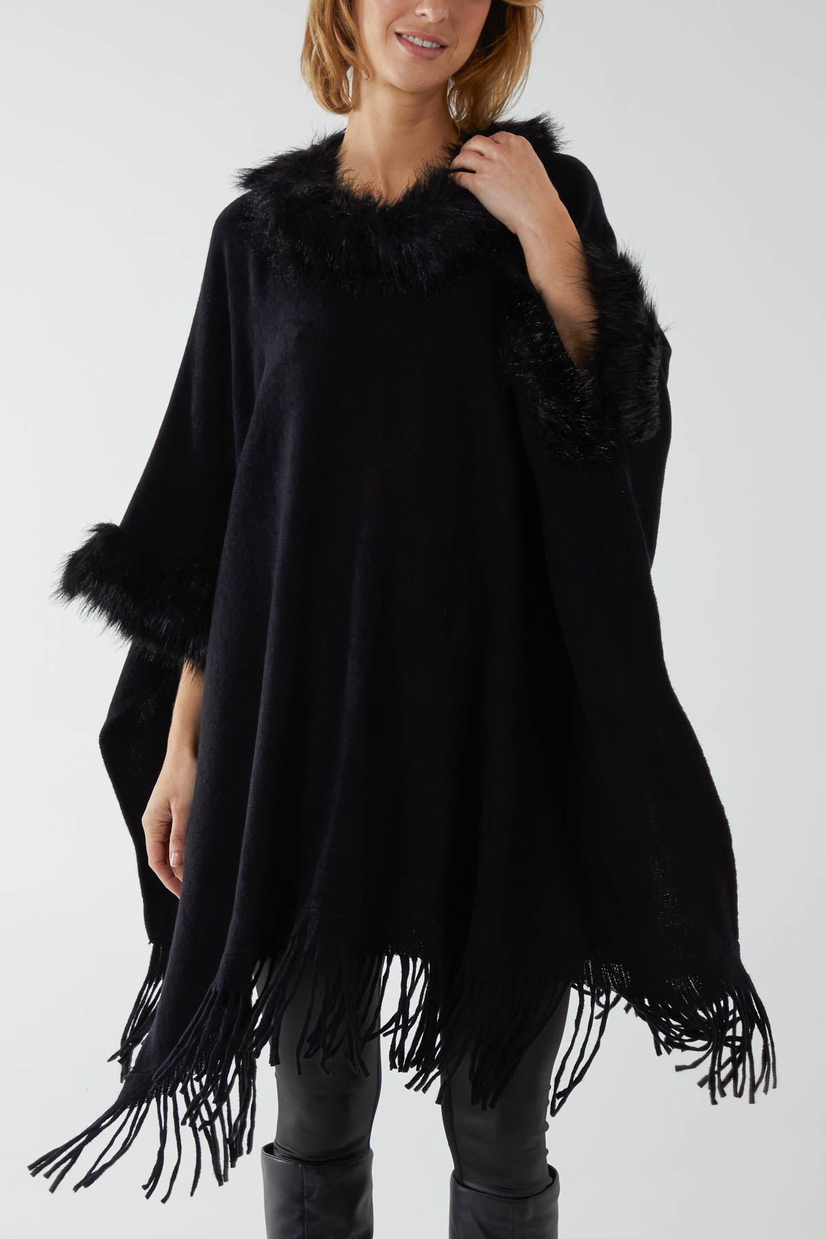 Faux Fur Lined Tassel Hem Poncho