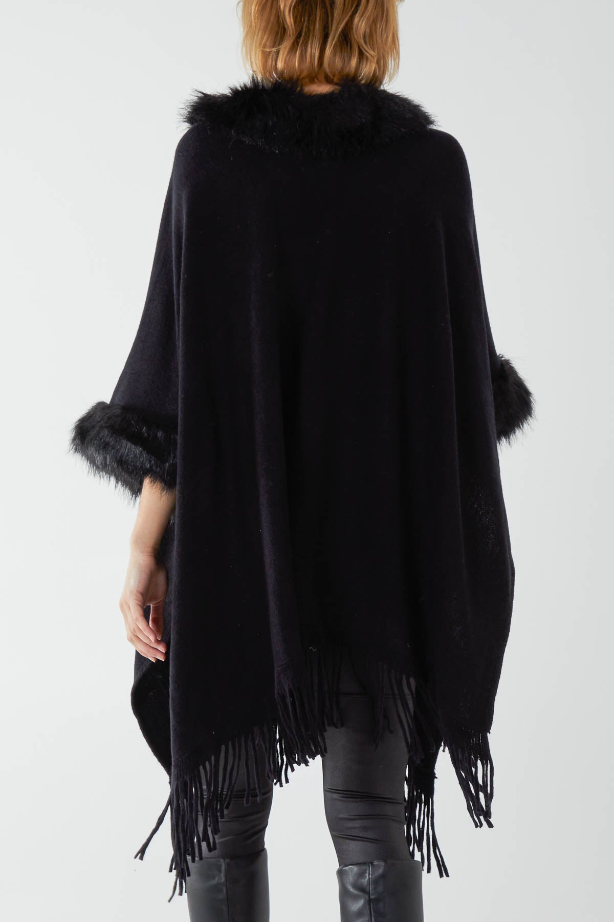 Faux Fur Lined Tassel Hem Poncho