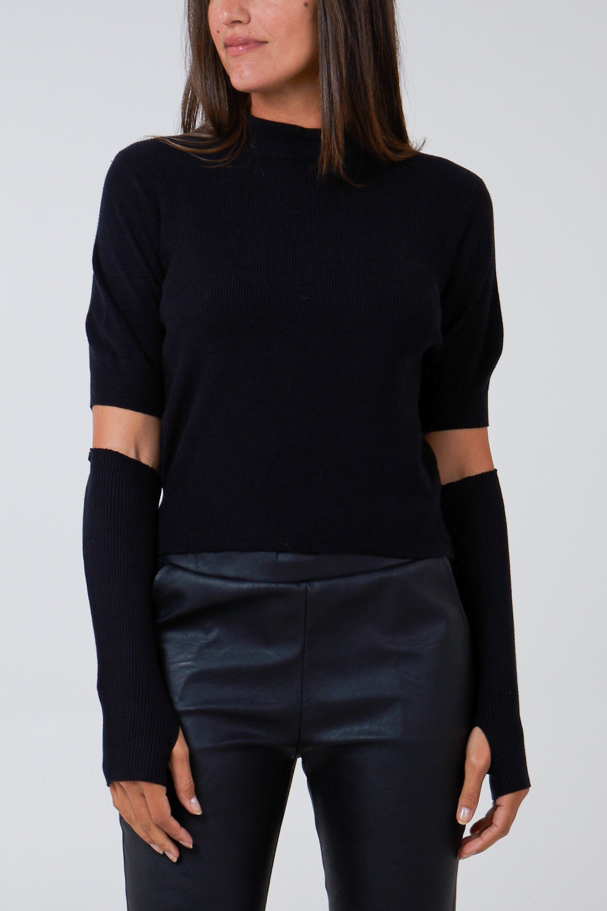 Ribbed High Neck Top With Gloves