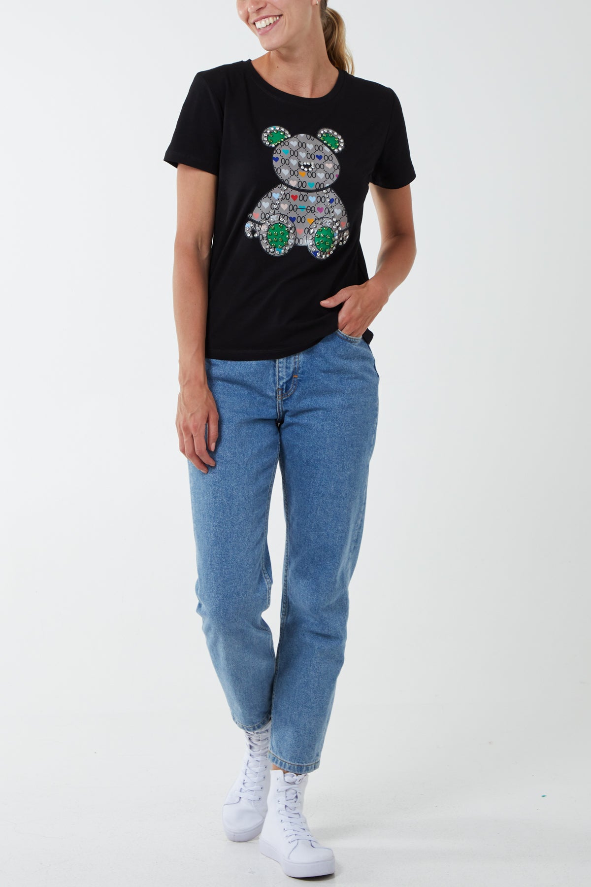 Diamante Teddy Bear Patchwork T-Shirt
