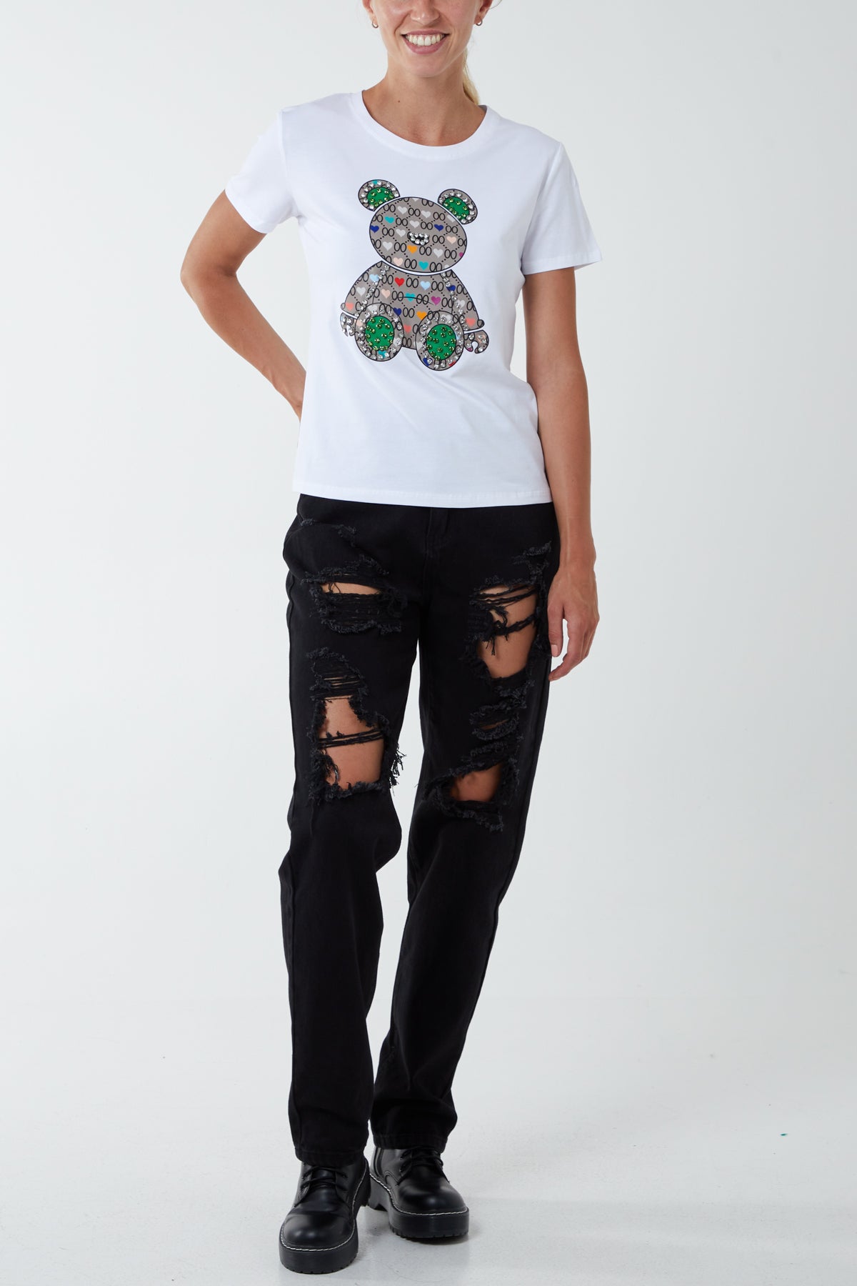 Diamante Teddy Bear Patchwork T-Shirt