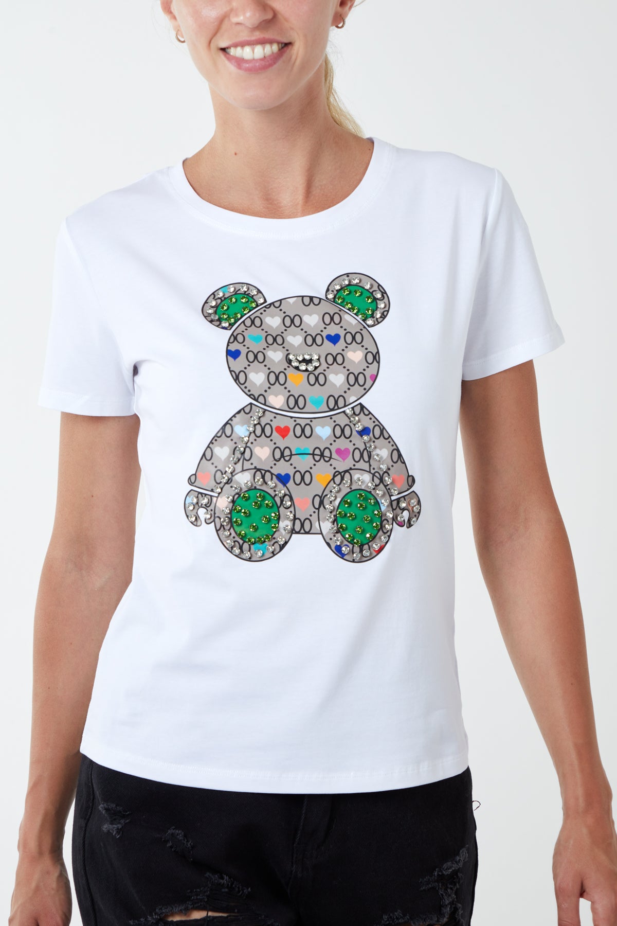 Diamante Teddy Bear Patchwork T-Shirt