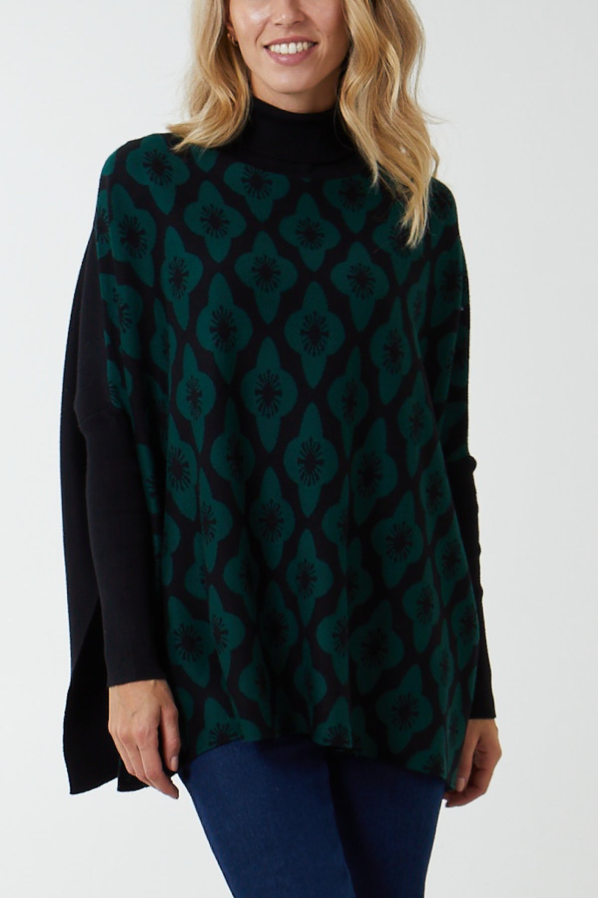 Floral High Neck Poncho Jumper