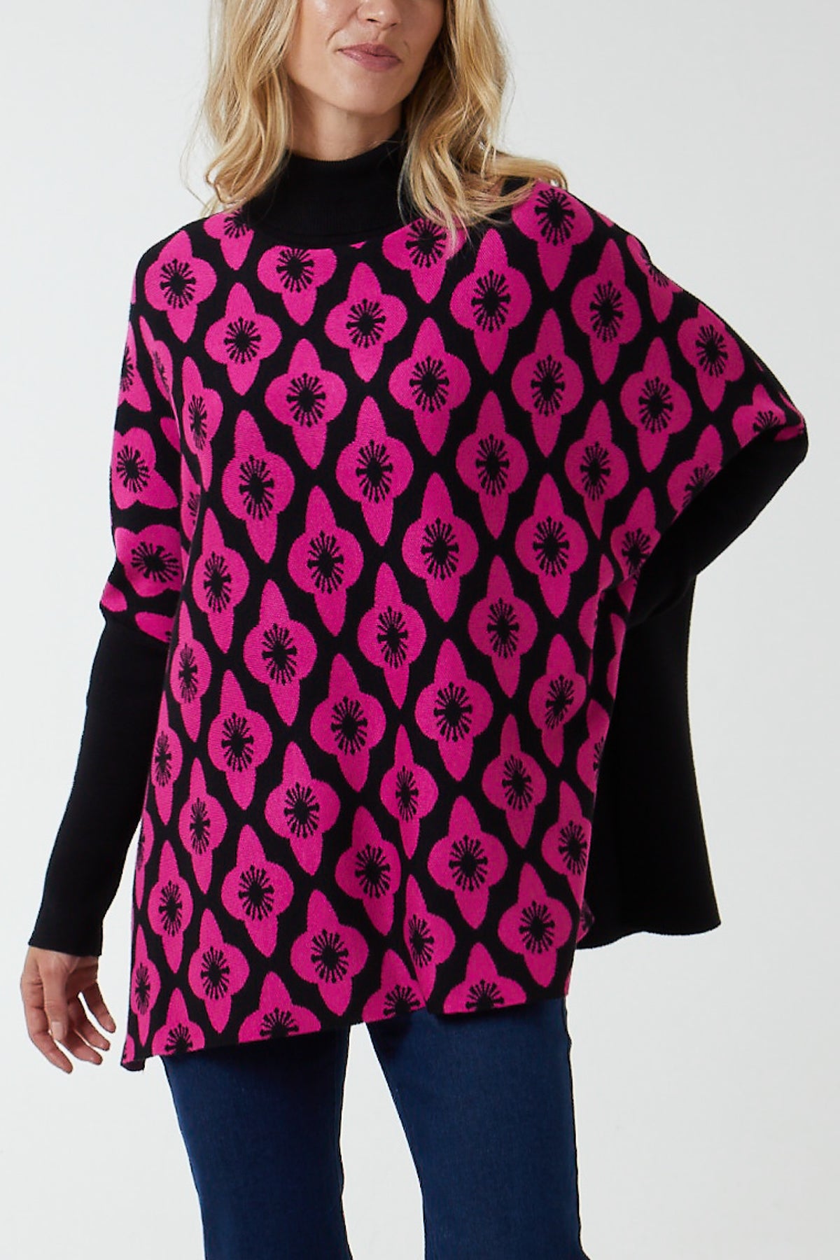 Floral High Neck Poncho Jumper