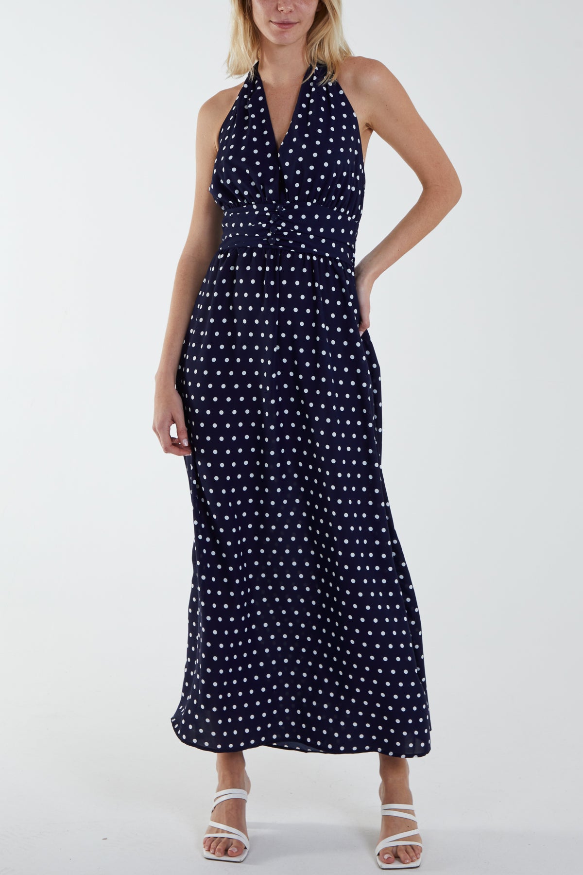 Polka Dot Halterneck Button Belt Maxi Dress