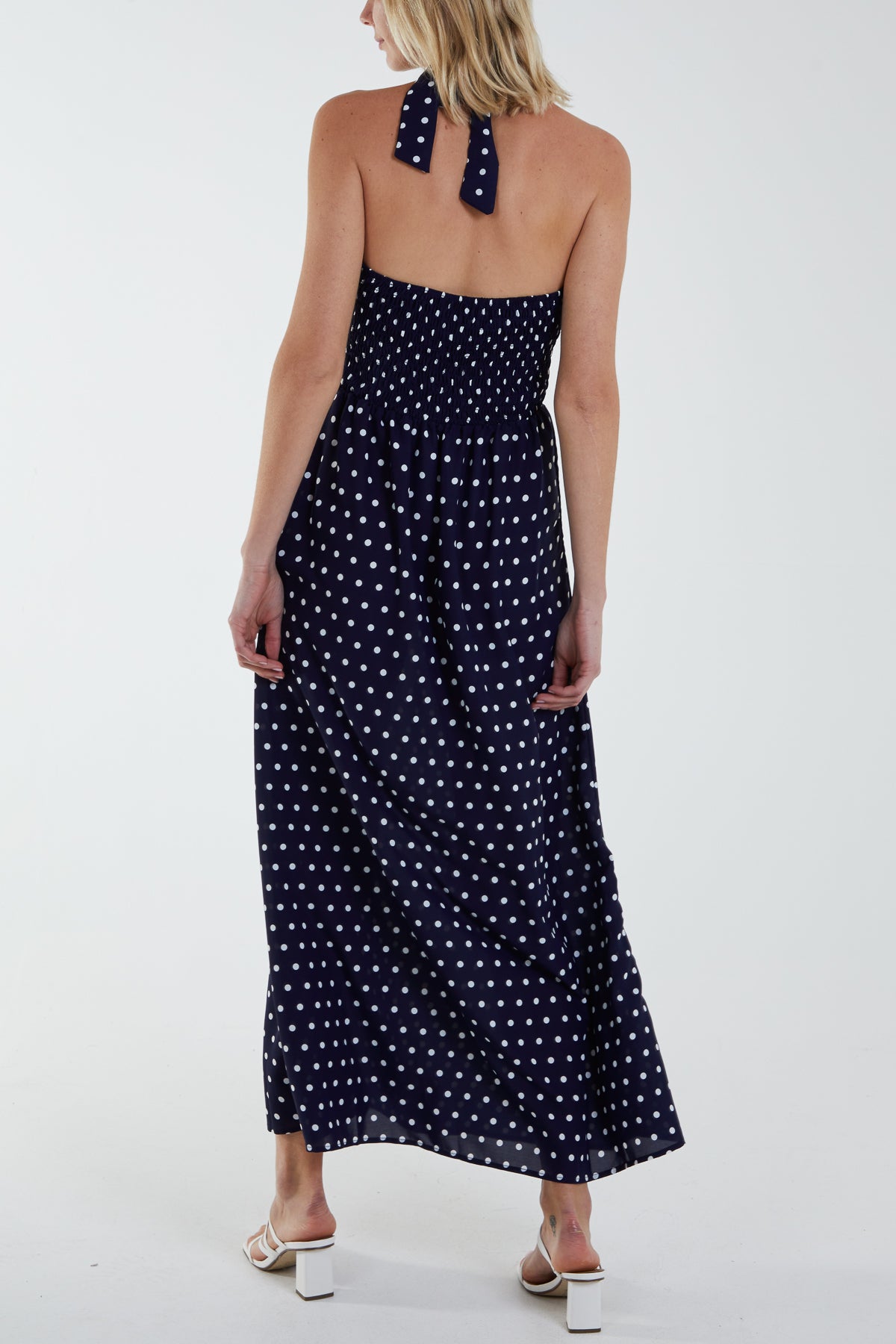 Polka Dot Halterneck Button Belt Maxi Dress
