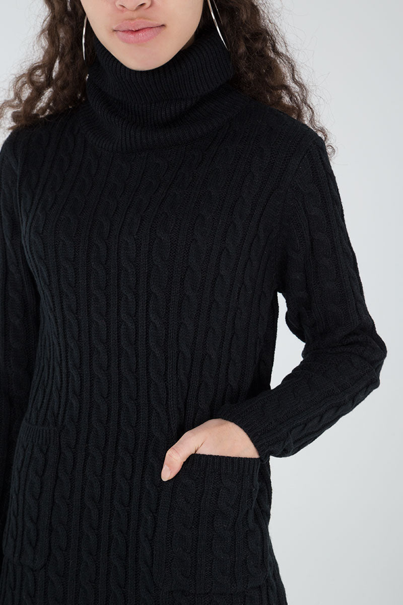 Roll Neck Substantial Cable Knit Pocket Jumper Dress