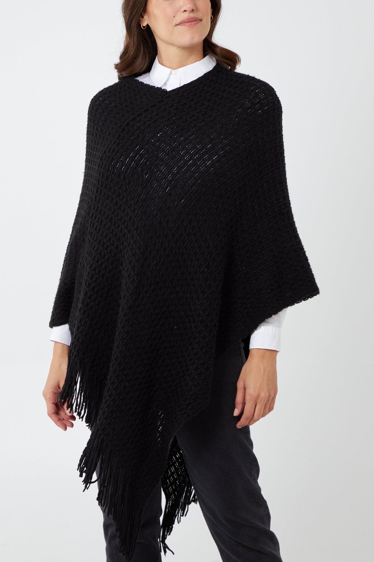 Waffle Knit Fringe Hem Poncho