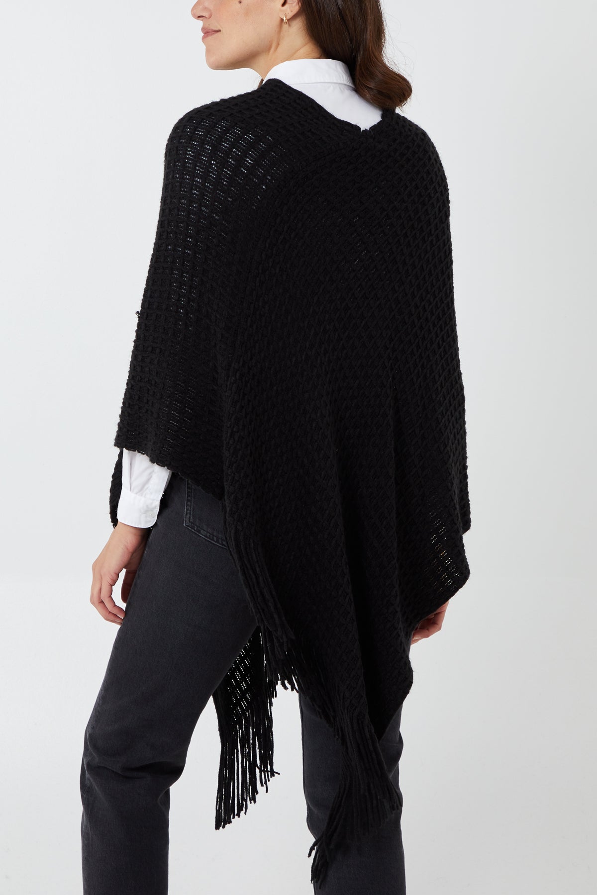 Waffle Knit Fringe Hem Poncho