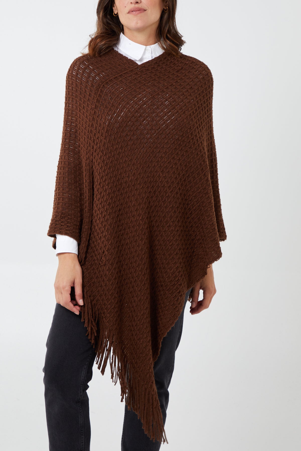 Waffle Knit Fringe Hem Poncho