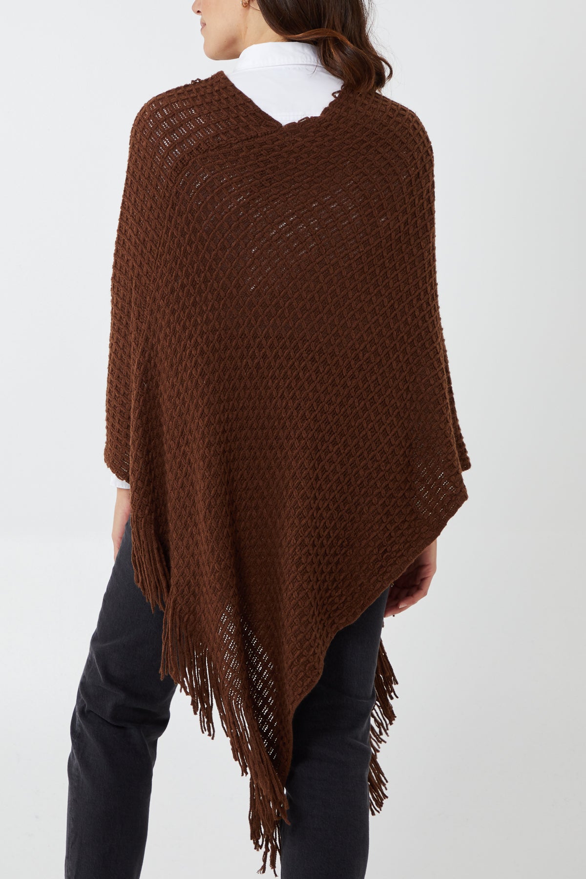 Waffle Knit Fringe Hem Poncho